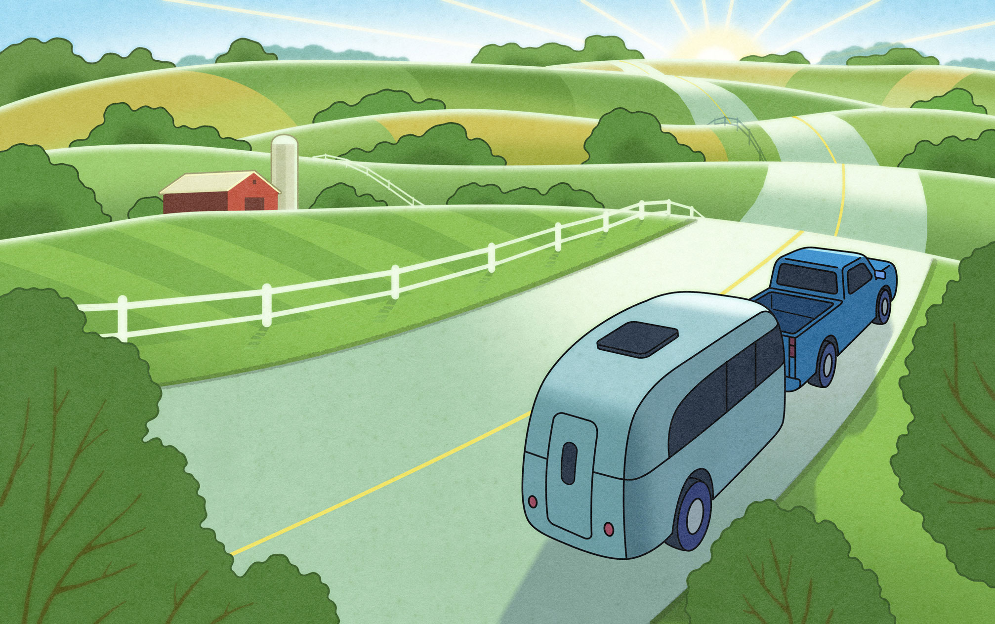illustration of a mobile health care trailer driving through green farmland by Dan Page