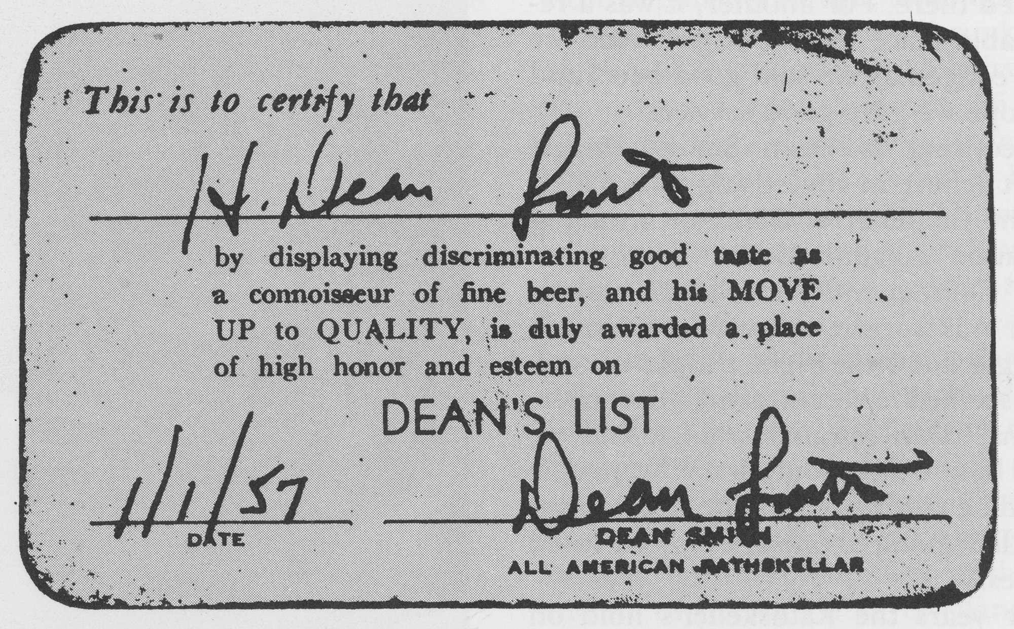 black and white photo of Dean's list card, by Penn Stater Magazine