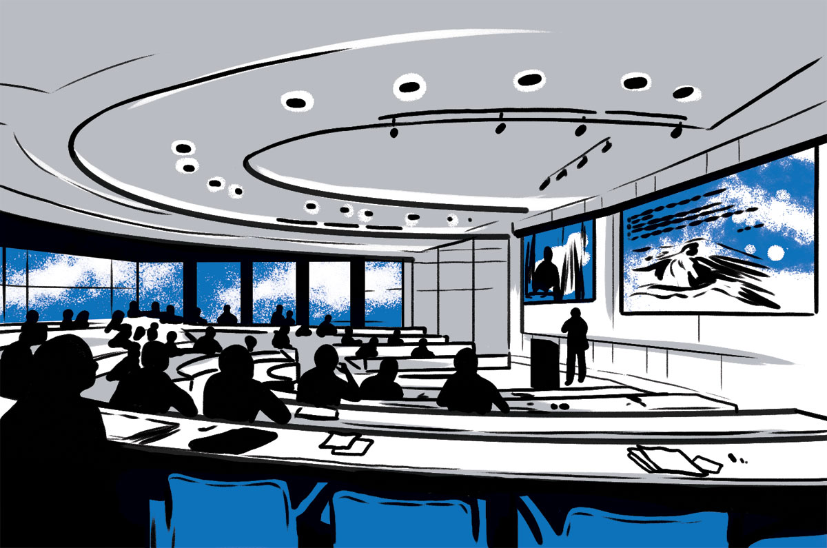 illustration of a large lecture hall during a class by Joel Kimmel