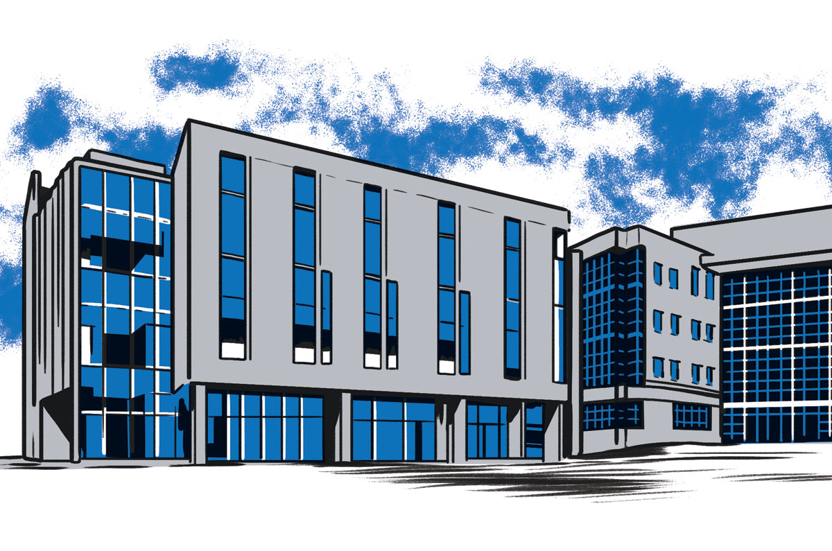 illustration of exterior of a modern academic building by Joel Kimmel