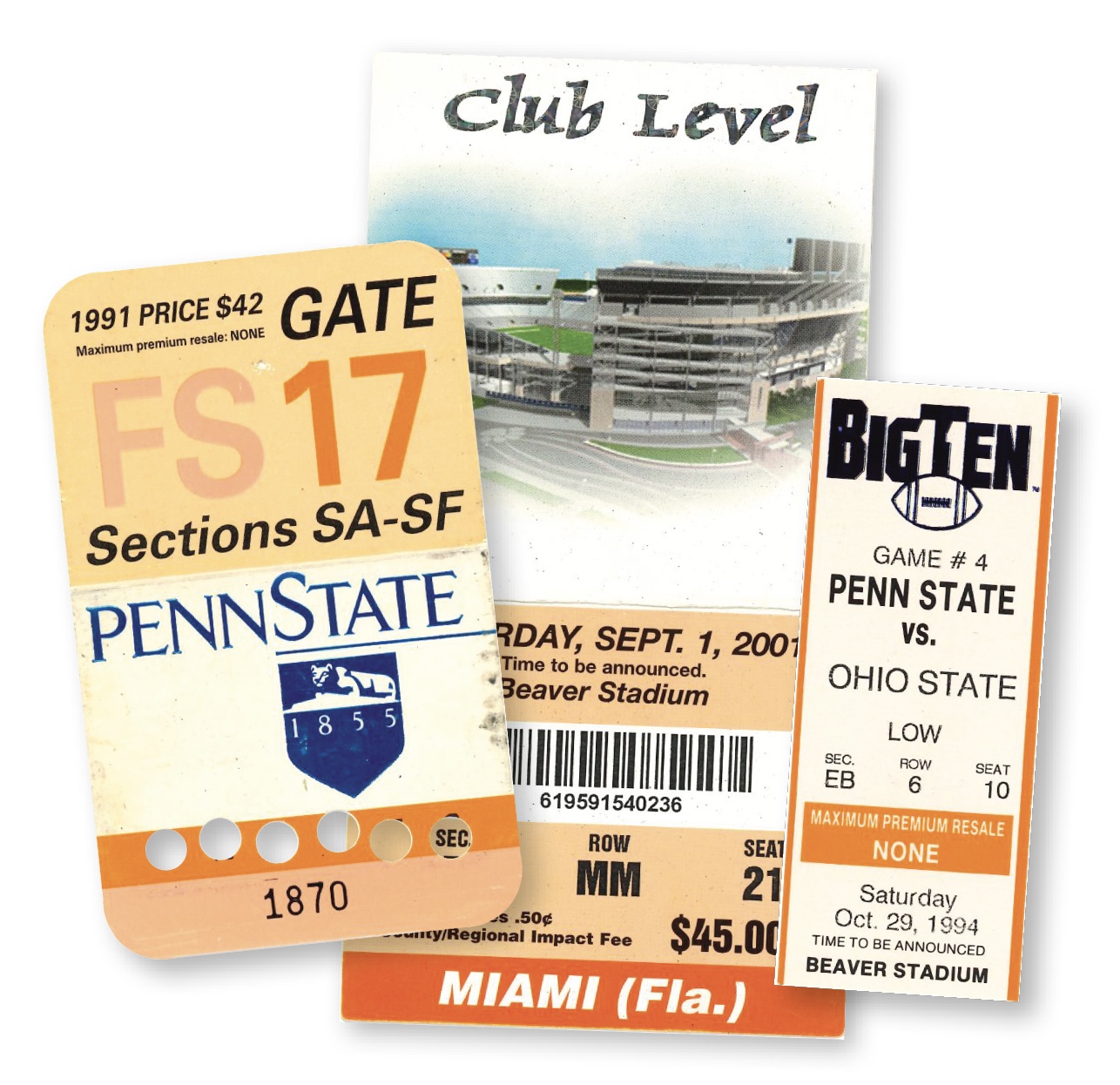 photos of Beaver Stadium paper ticket stubs from the 1990s