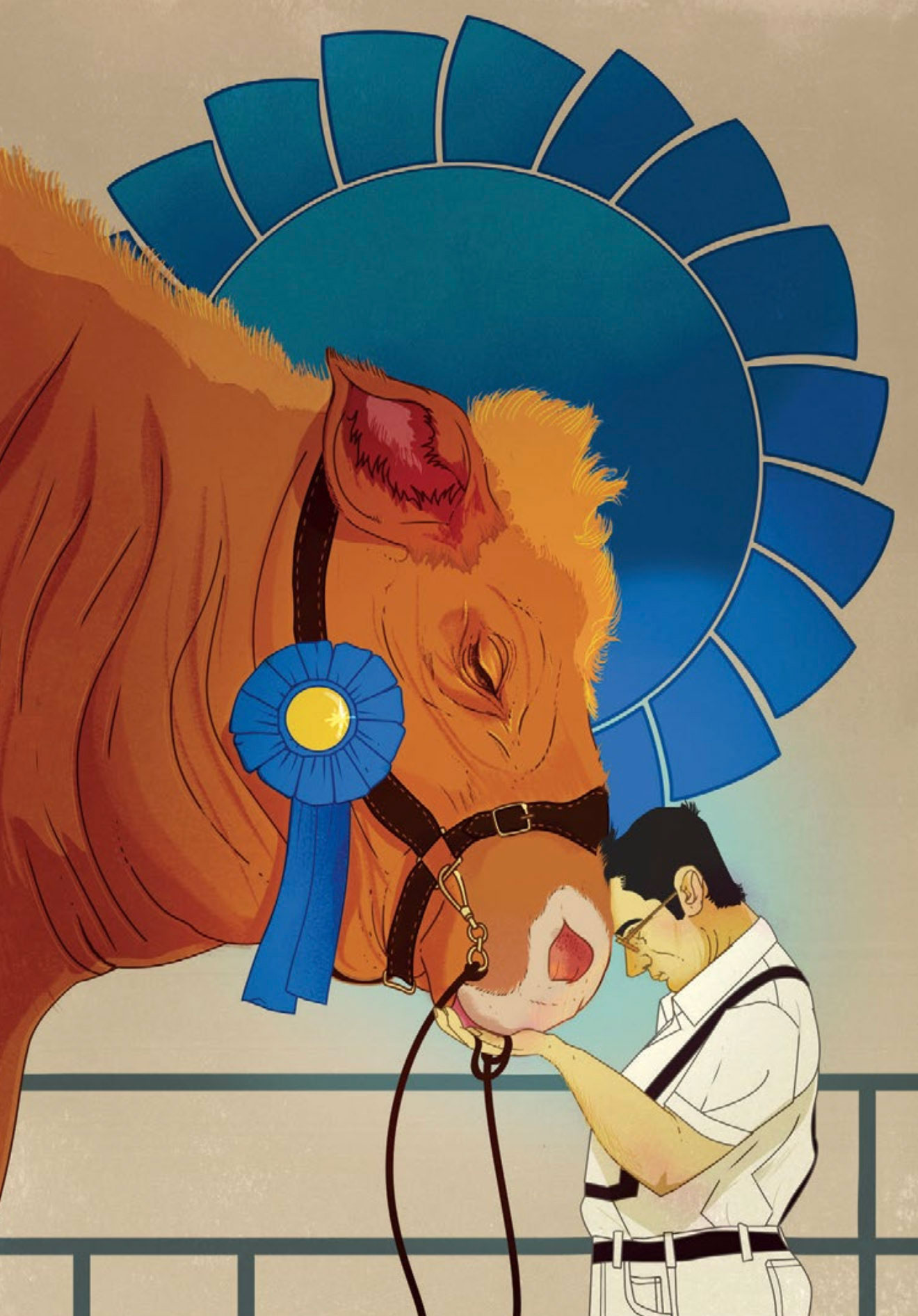 illustration of a man and a cow nose to nose with a blue riibbon in the background by Marcus Chin
