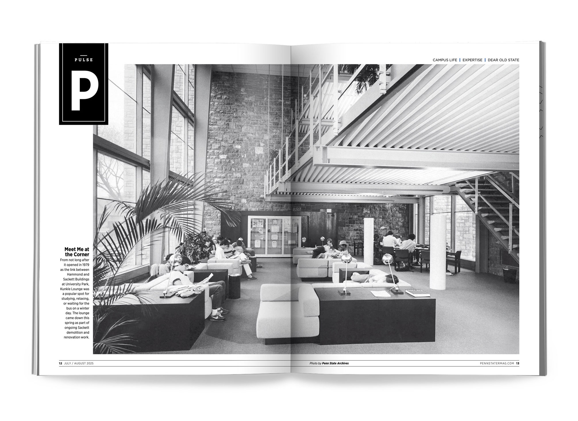 July/Aug Pulse opening spread of black and white photo of Kunkle Lounge in the 70s, photo by Penn State Archives