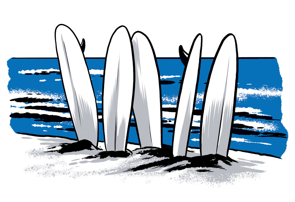 illustration of surfboards in the sand before ocean by Joel Kimmel