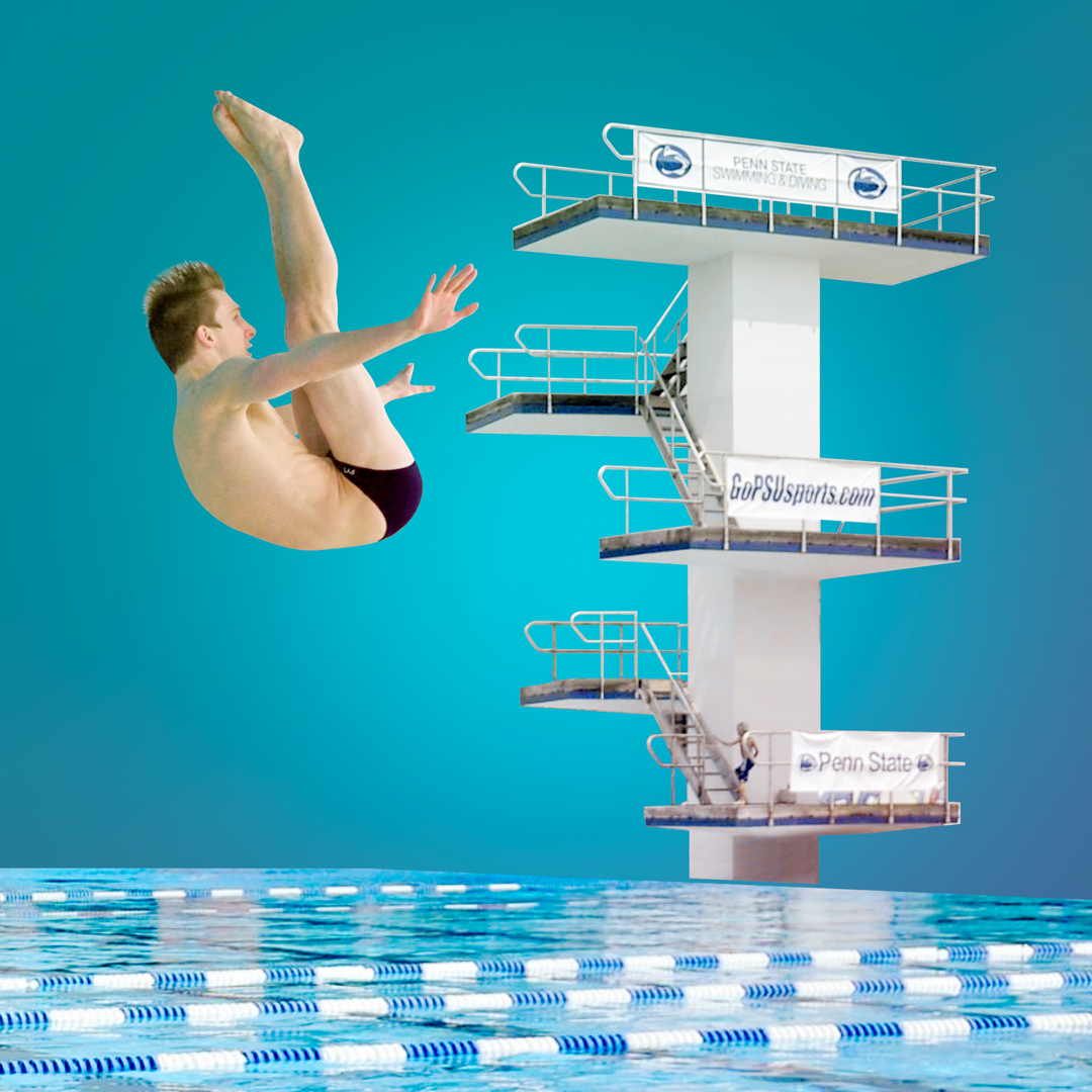 photo illustration of a diver jumping off a three-tier diving board by Nick Sloff '92 A&A / Penn State Swimming and Diving