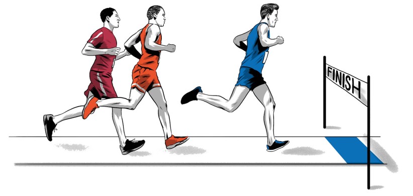 illustration of three men nearing a marathon finish line by Joel Kimmel
