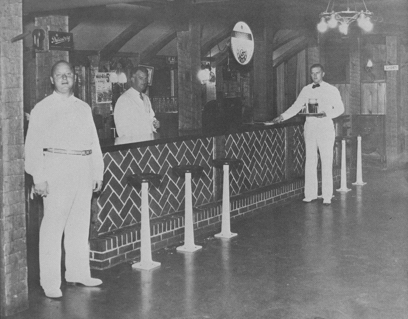 1934 photo of Rathskeller owner C.C. Doggie Alexander and bartenders, Penn Stater Magazine