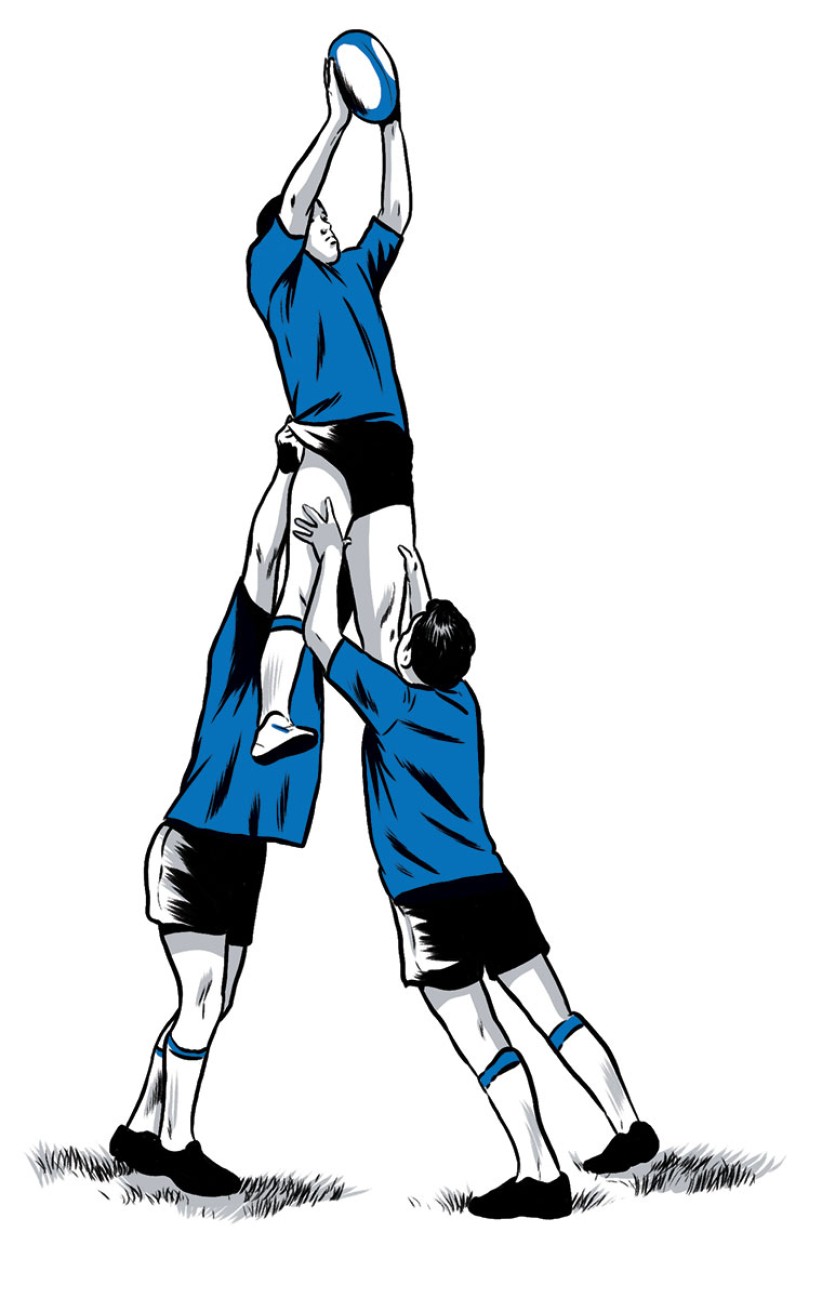 rugby receiver lifted by two other players, illustration by Joel Kimmel