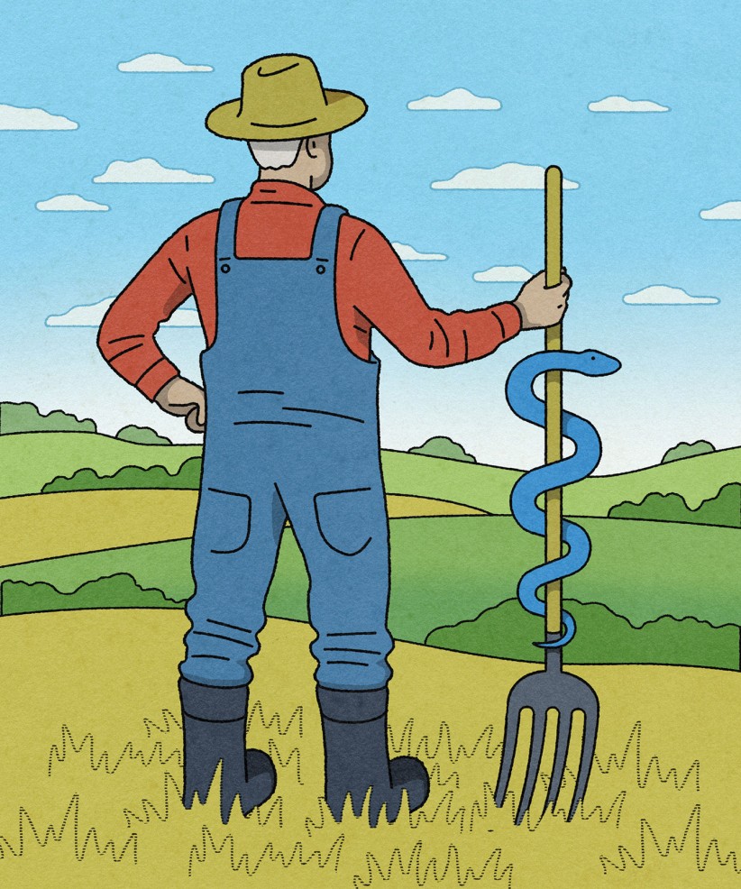 illustration of the back of a farmer in overalls and a straw hat holding a pitchfork with a snake entwined on it like the medical symbol, by Dan Page