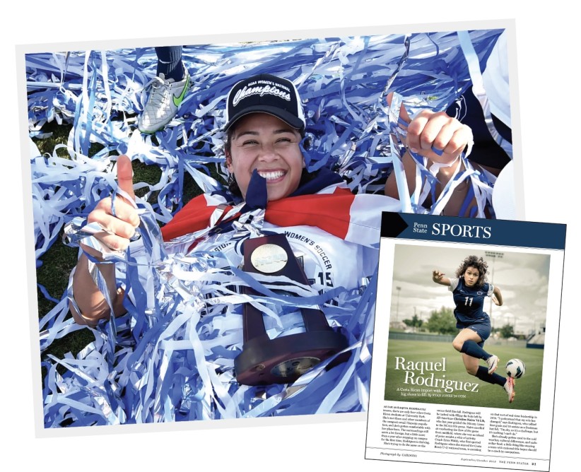 collage of a photo of Rodriguez with trophy and streamers by Penn State Athletics and the lead athlete story on Rodriguez from Penn Stater magazine's September/October 2013 issue