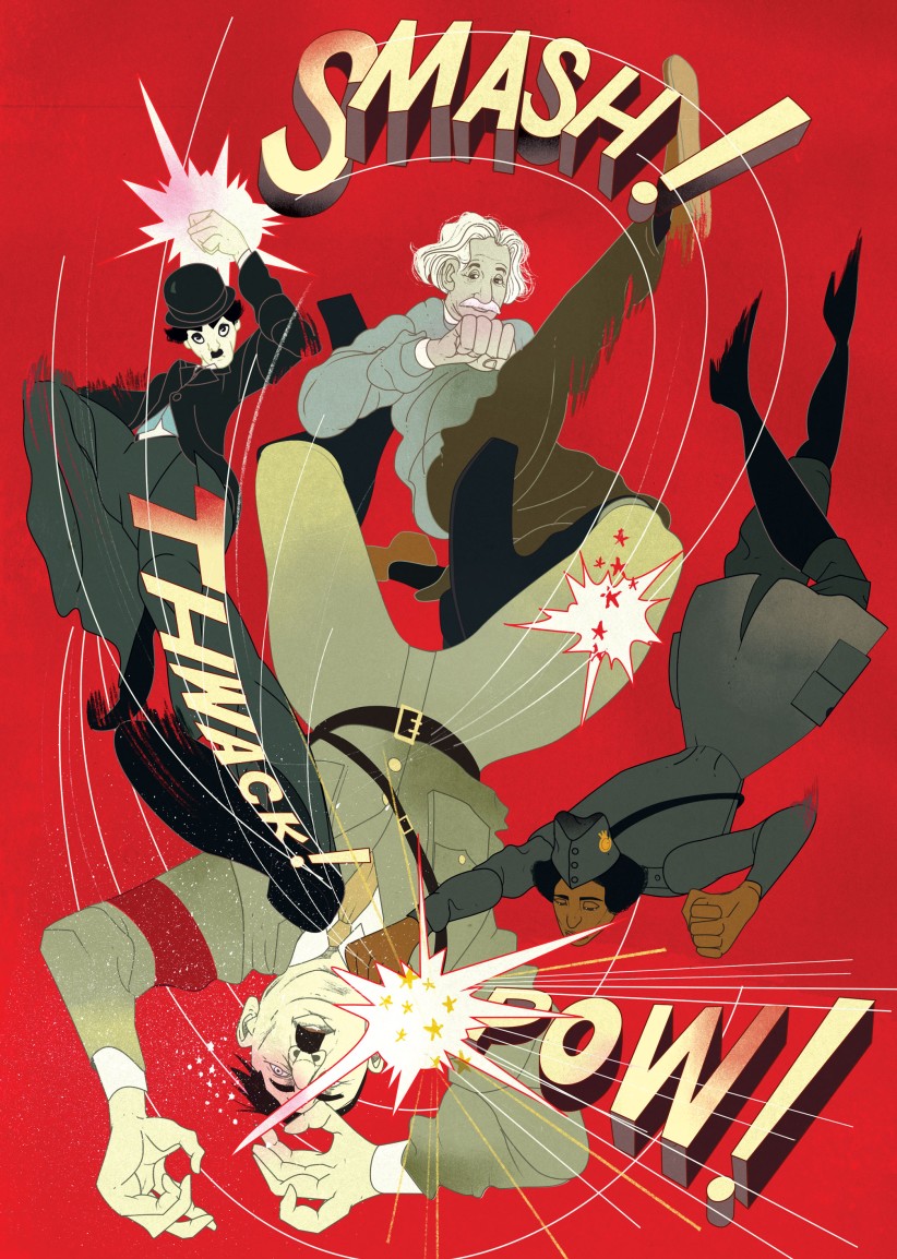 conceptual illustration of historical figures from World War II era and comic book action words by Marcos Chin