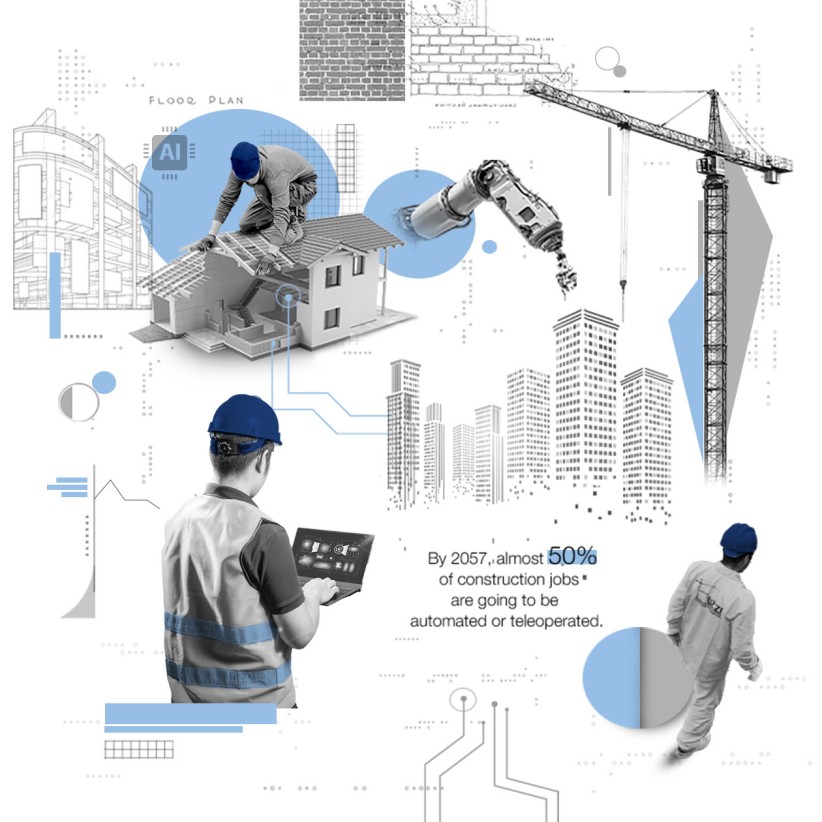 conceptual illustration of construction workers and urban architecture by Nadia Radic