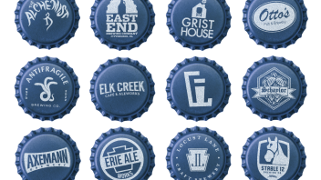 12 blue bottle caps featuring names of alumni-owner breweries