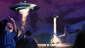 illustration of people shielding their eyes against the light from a UFO overhead with Old Main in the background as the Nittany Lion is beamed up, by Jonathan Bartlett
