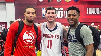 photo of three Nittany Lion men's basketball players at NBA Summer League, photo by Penn State Men's Basketball