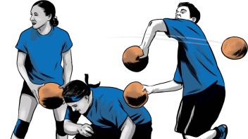 illustration of three people playing dodgeball by Joel Kimmel