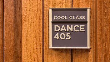 photo of a classroom sign that says Cool Class Dance 405 by Nick Sloff '92 A&A
