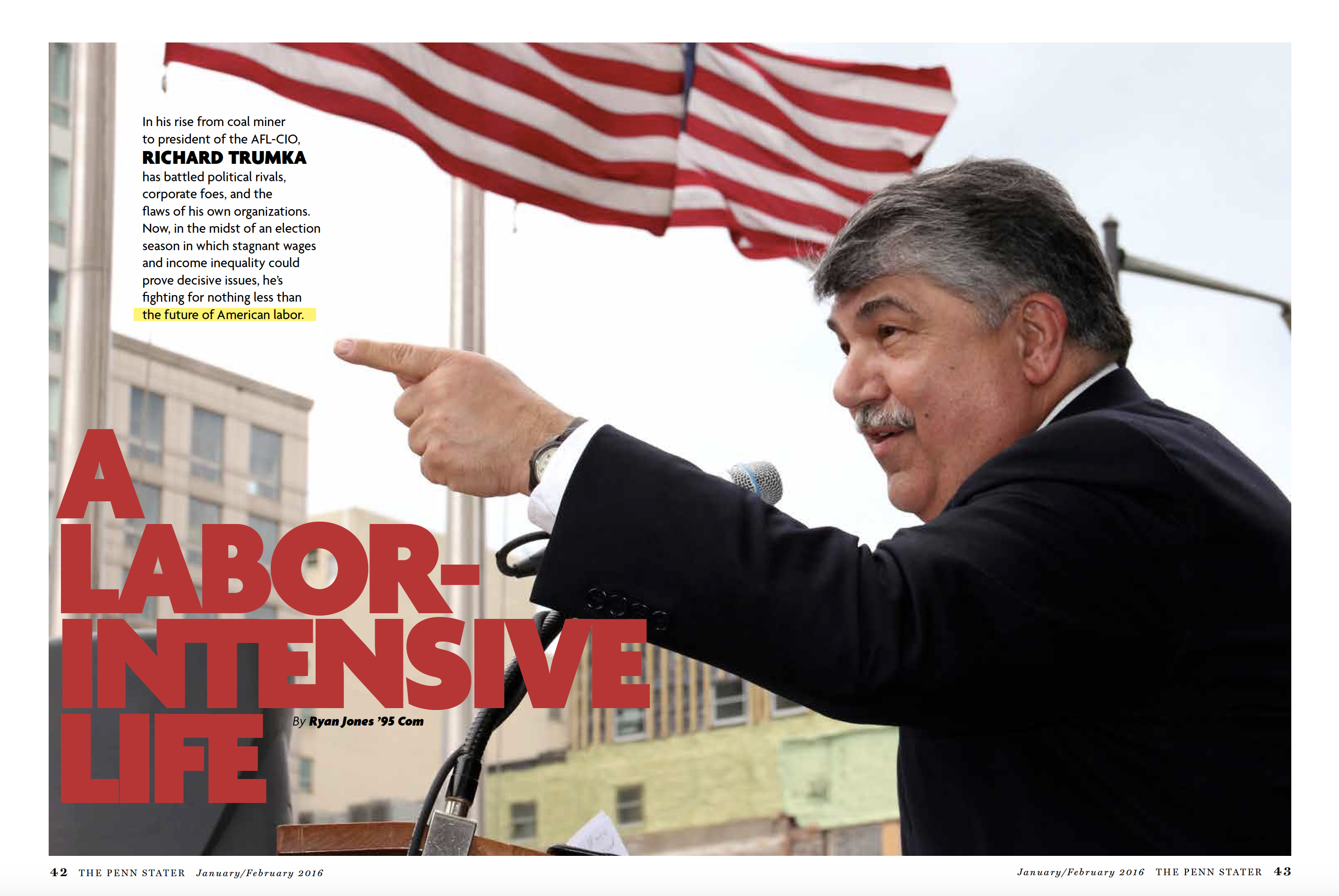 Richard Trumka Pointing and Speaking at Podium with U.S. Flag in Background