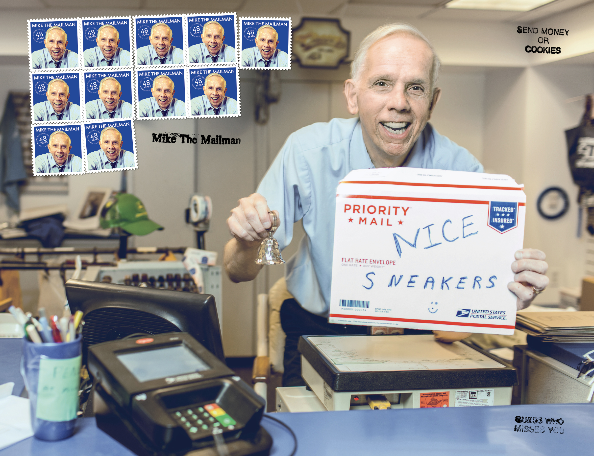 Mike "The Mailman" Herr in the mailroom holding up a sign that says Nice Sneakers and ringing a small bell 