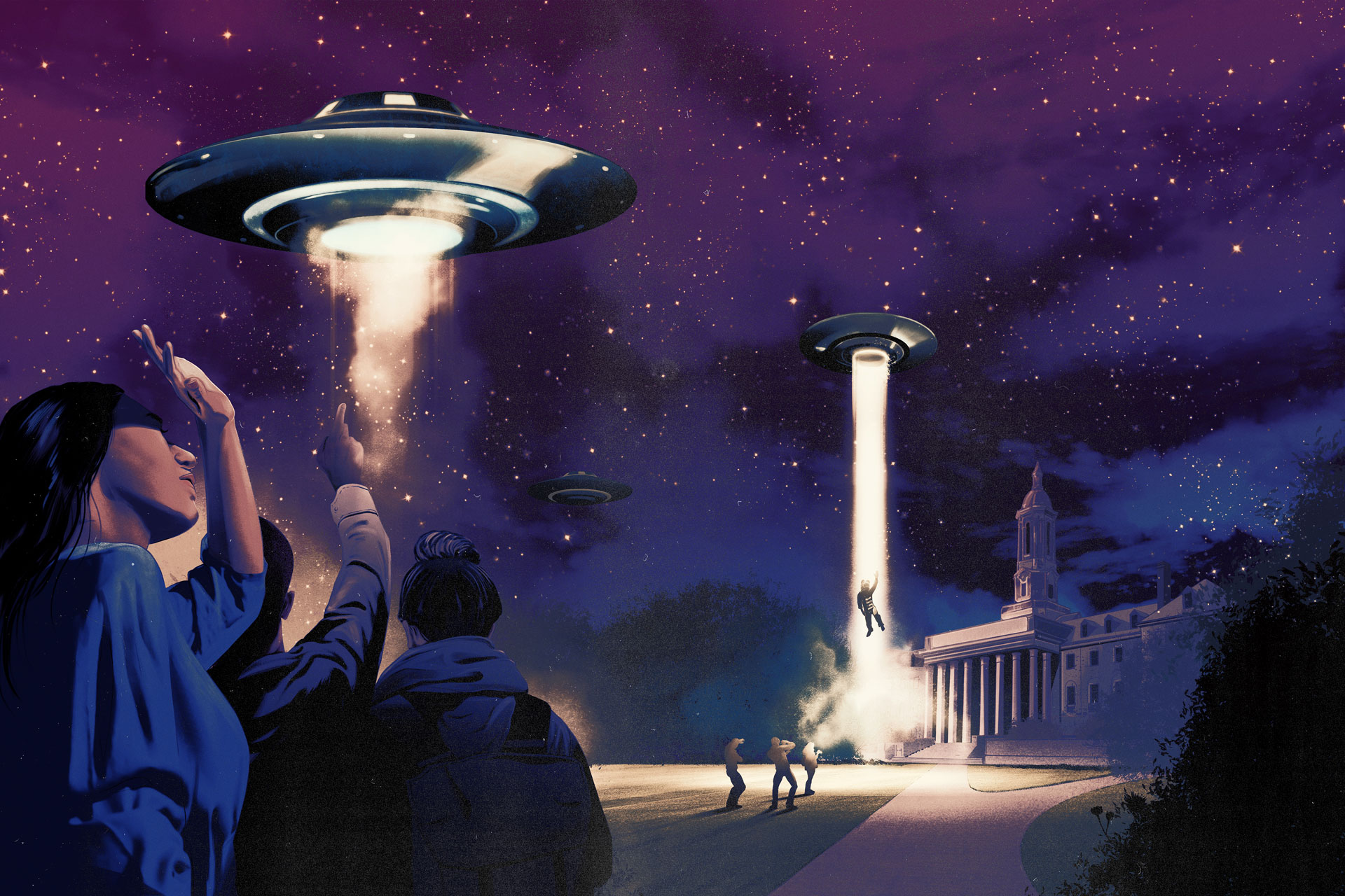 illustration of people shielding their eyes against the light from a UFO overhead with Old Main in the background as the Nittany Lion is beamed up, by Jonathan Bartlett
