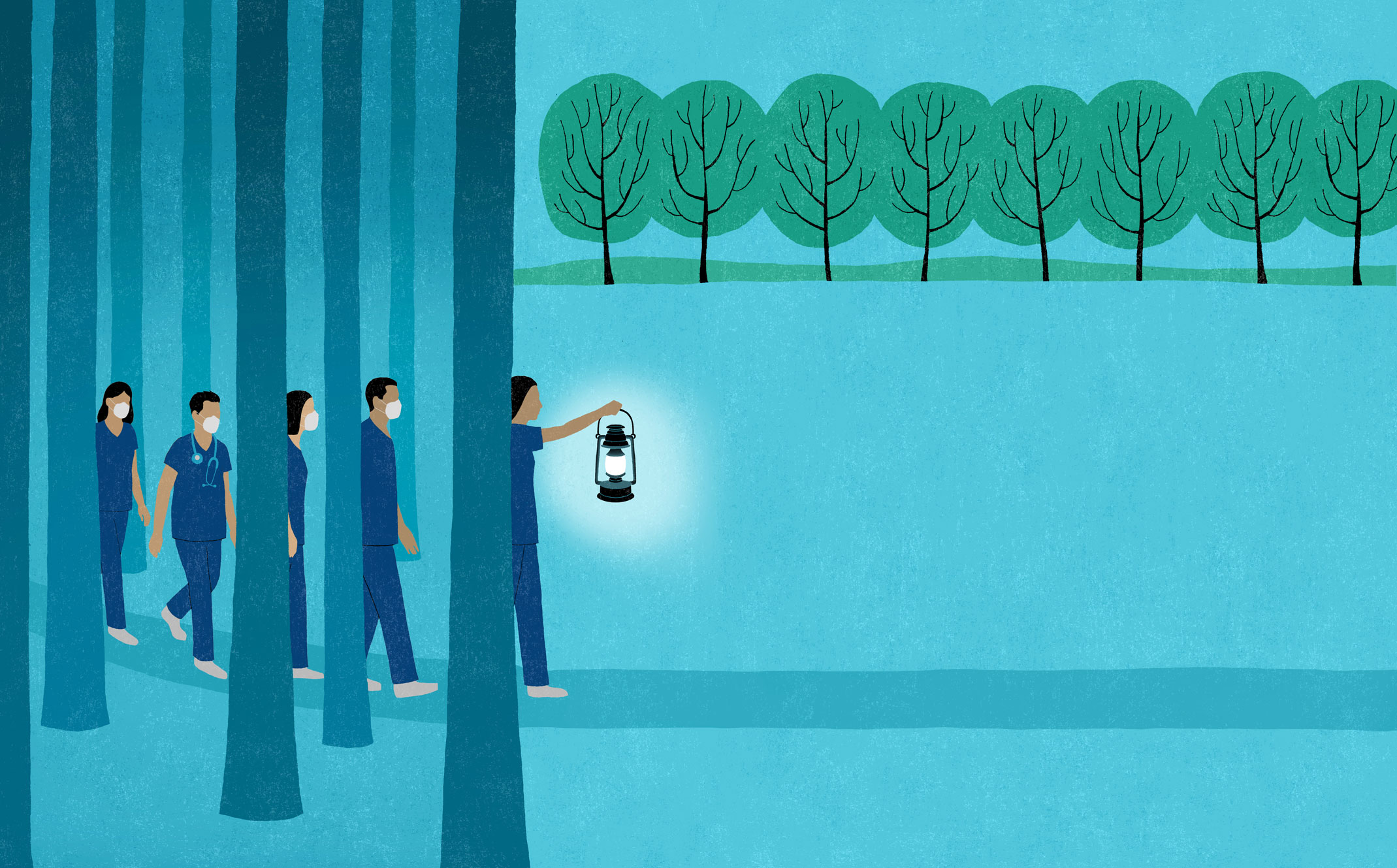 illustration of nurses holding lanterns walking out of the woods and into a wide open blue space lined with trees by James Steinberg