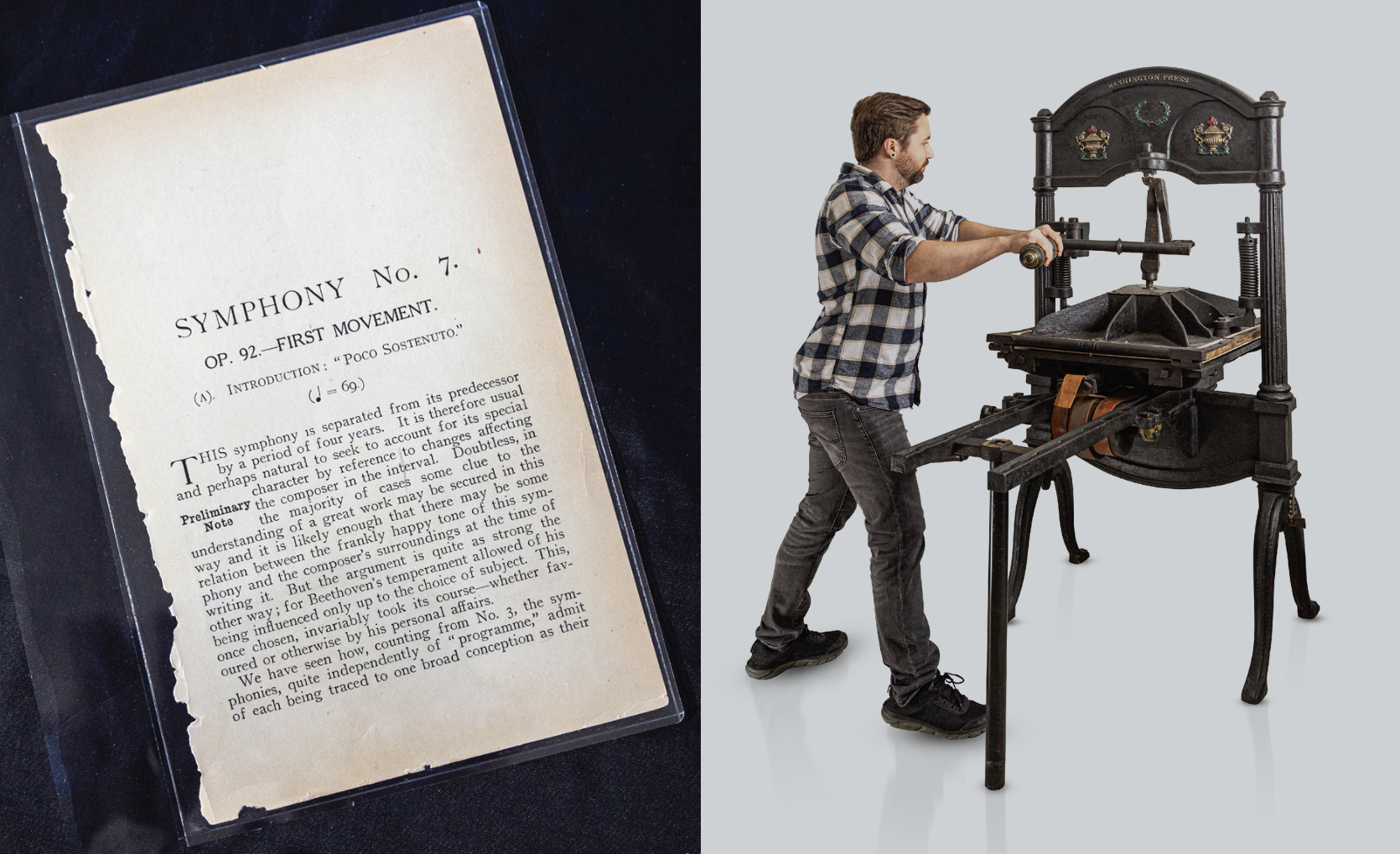 two photos side by side one of a preserved sheet of paper and one of a man operating a welding machine that executes the paper preservation, photo by Nick Sloff '92 A&A