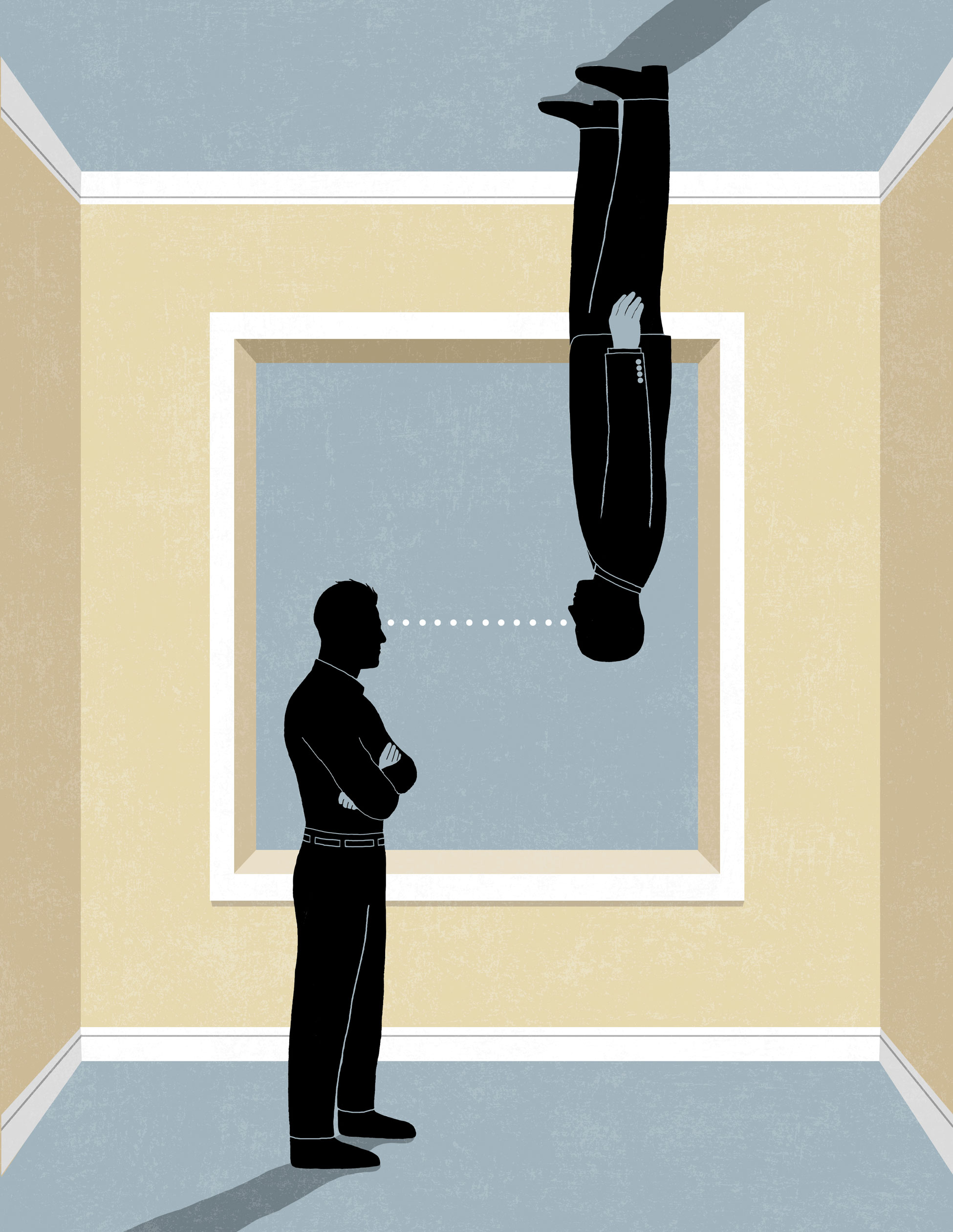 illustration of two silhouettes of people, one standing on the floor and the other on the ceiling, with their lines of site aligning with a dotted white line, illustration by James Steinberg