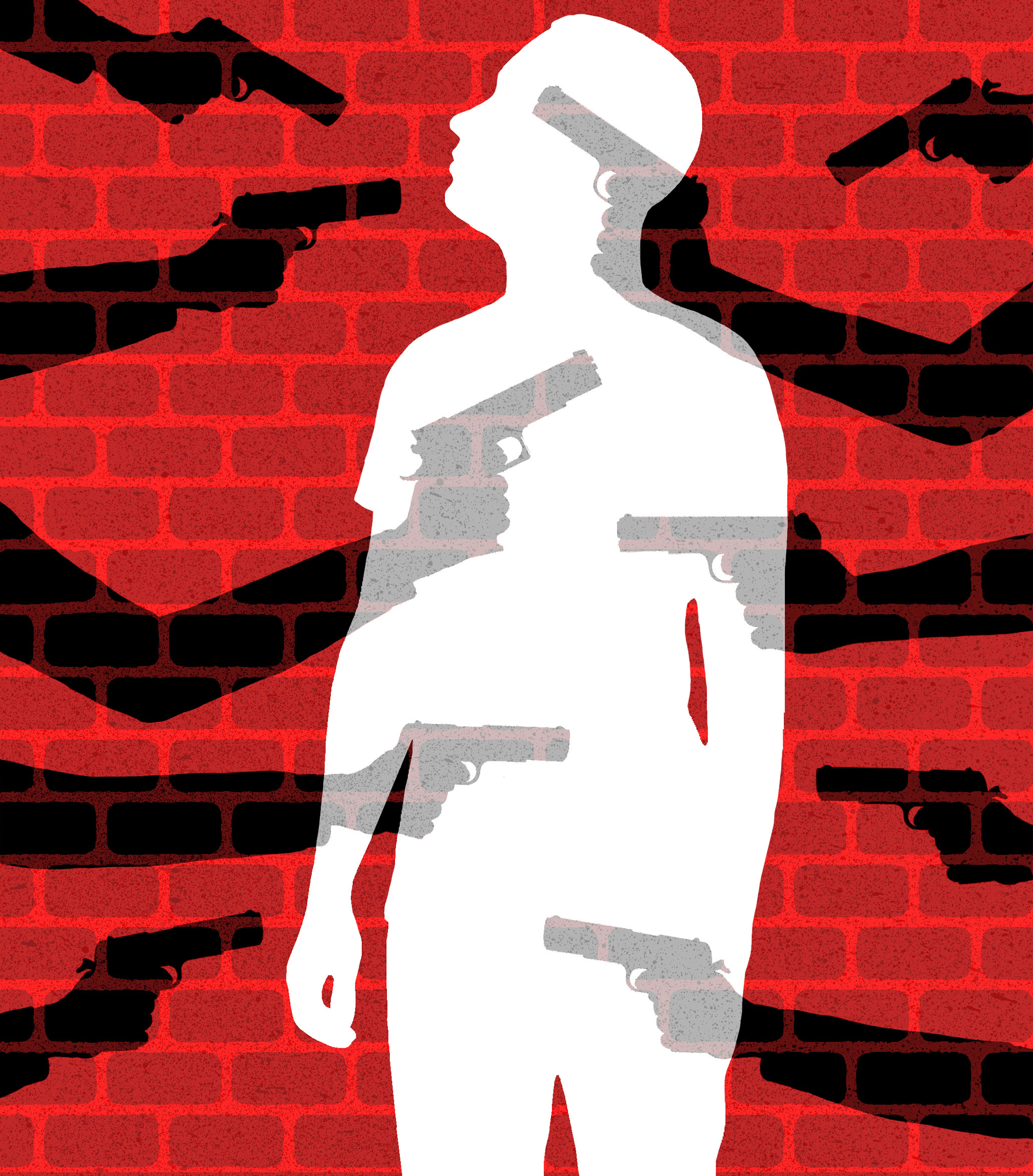 illustration of a silhouette of a man standing in front of a brick wall with multiple shadows of arms holding guns, by James Steinberg