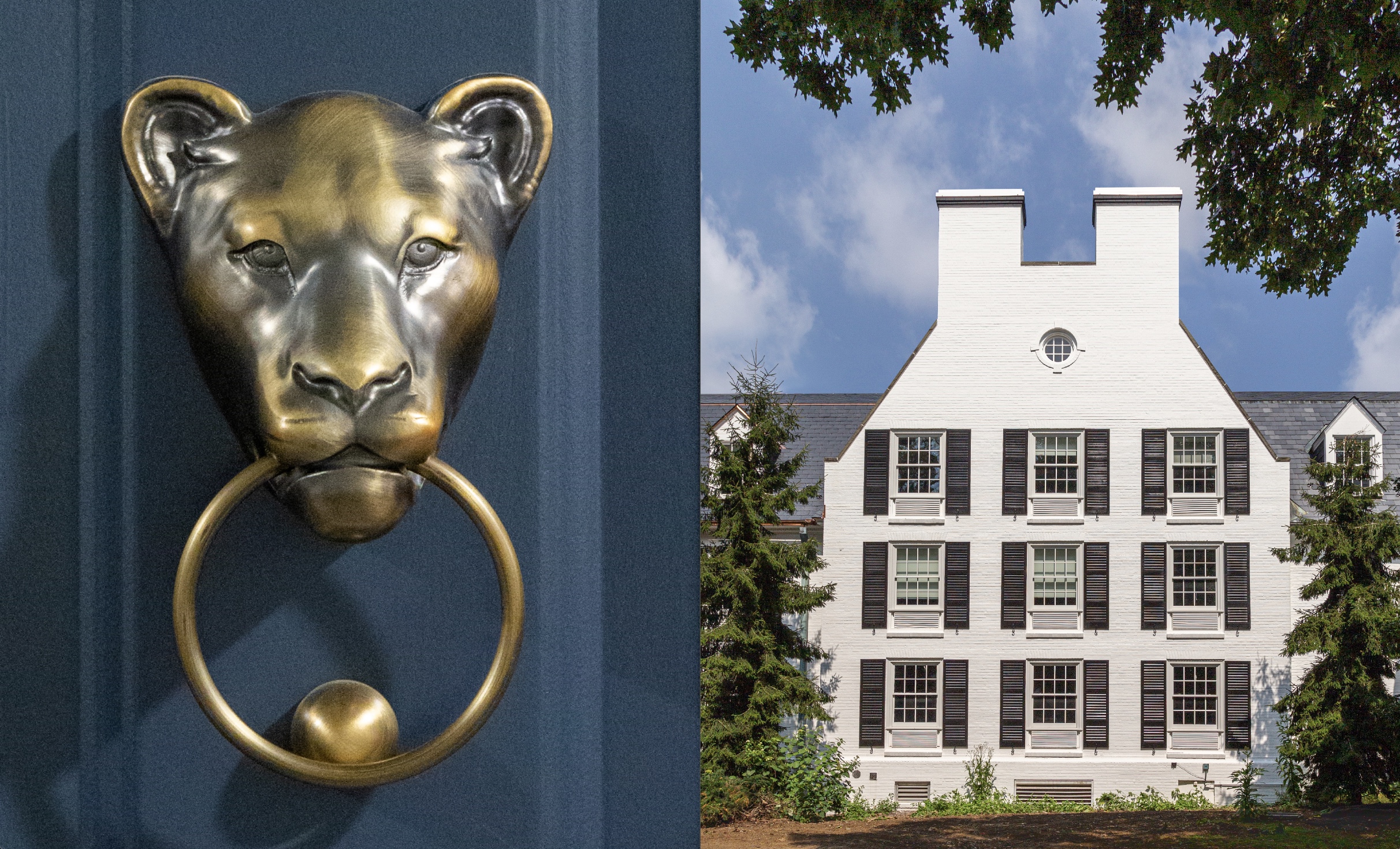 side by side of brass lion door knocker and exterior entrance of Nittany Lion Inn, photos by Nick Sloff '92 A&A