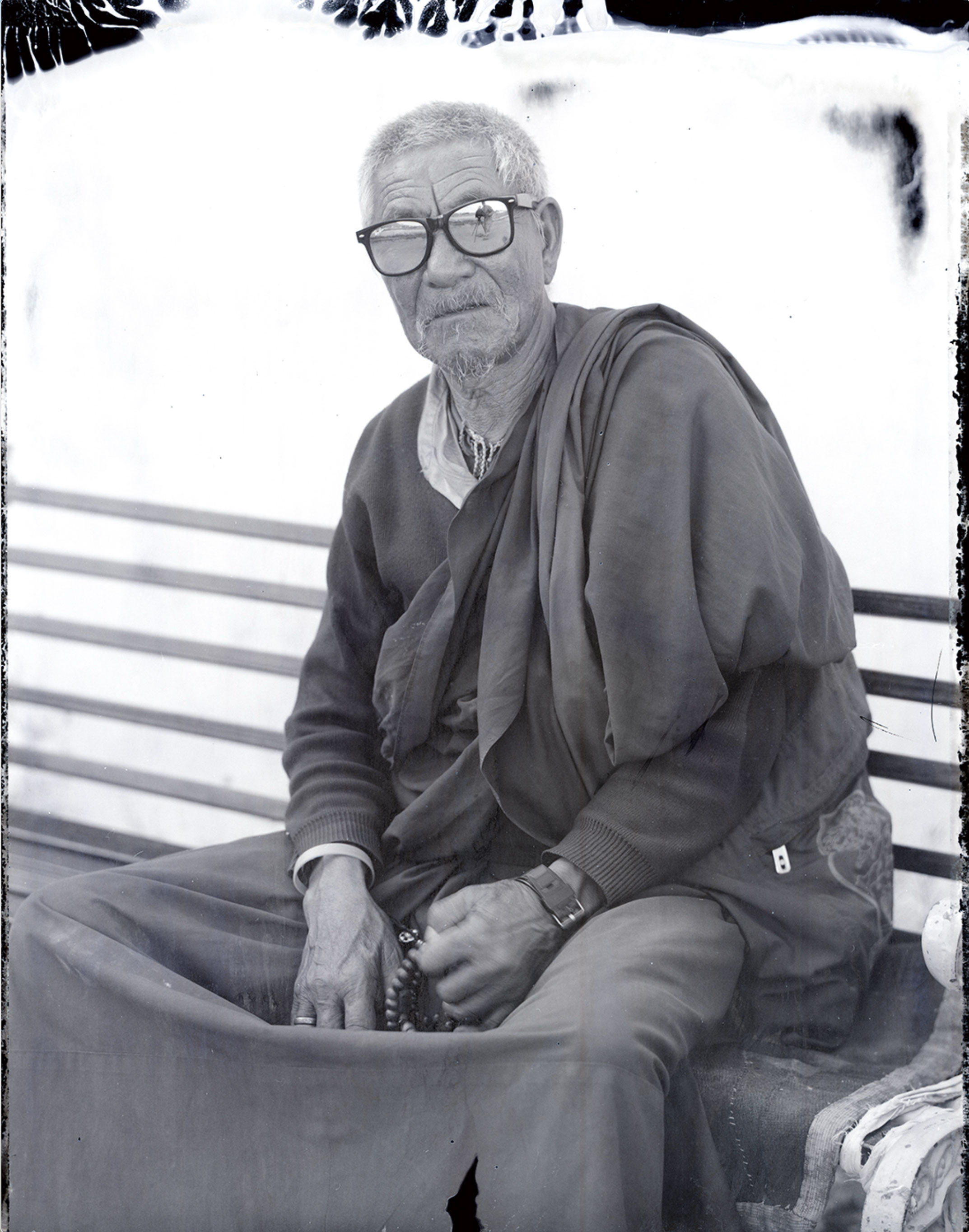 Lonnie Graham's black and white portrait of a Buddhist pilgrim in Zanskar, India
