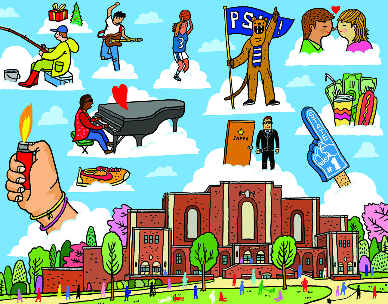 illustration of various activities and events at Rec Hall over the years, by Aaron Meshon