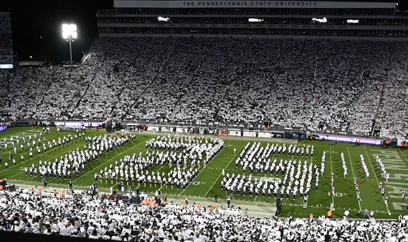 Photo of Blue Band spelling out 125 on the field during White Out game, by Jaydyn Isminger/Penn State Blue Band