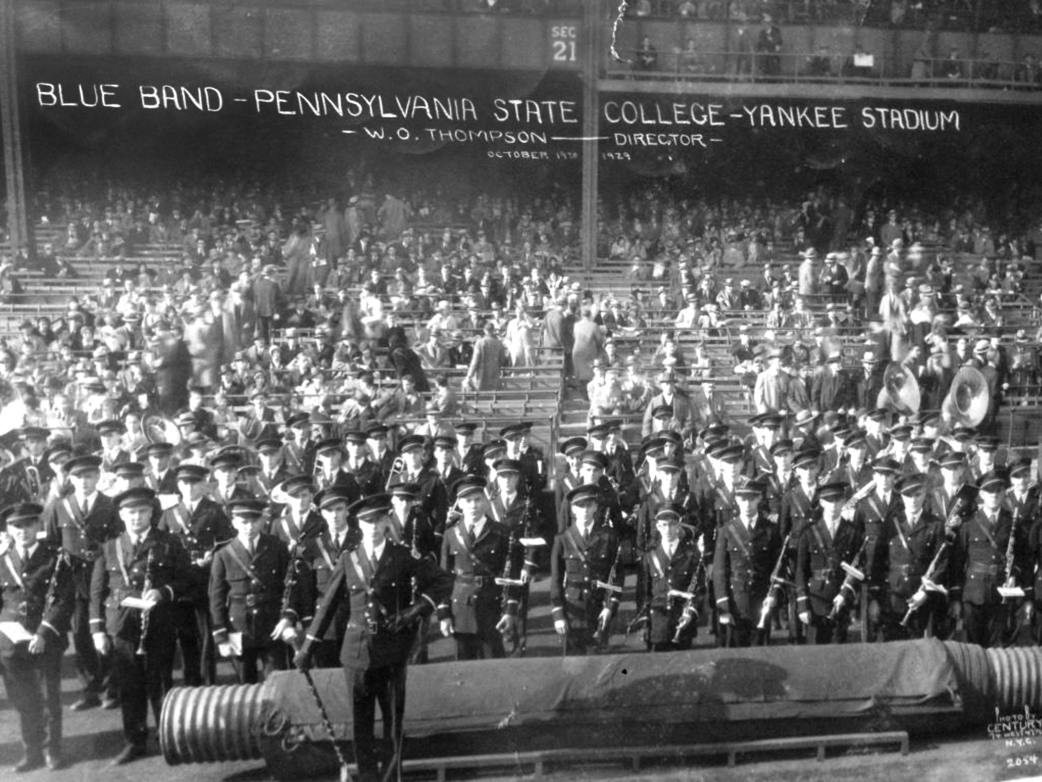 black and white photo of the Blue Band at Yankee Stadium in 1929, by Penn State Blue Band