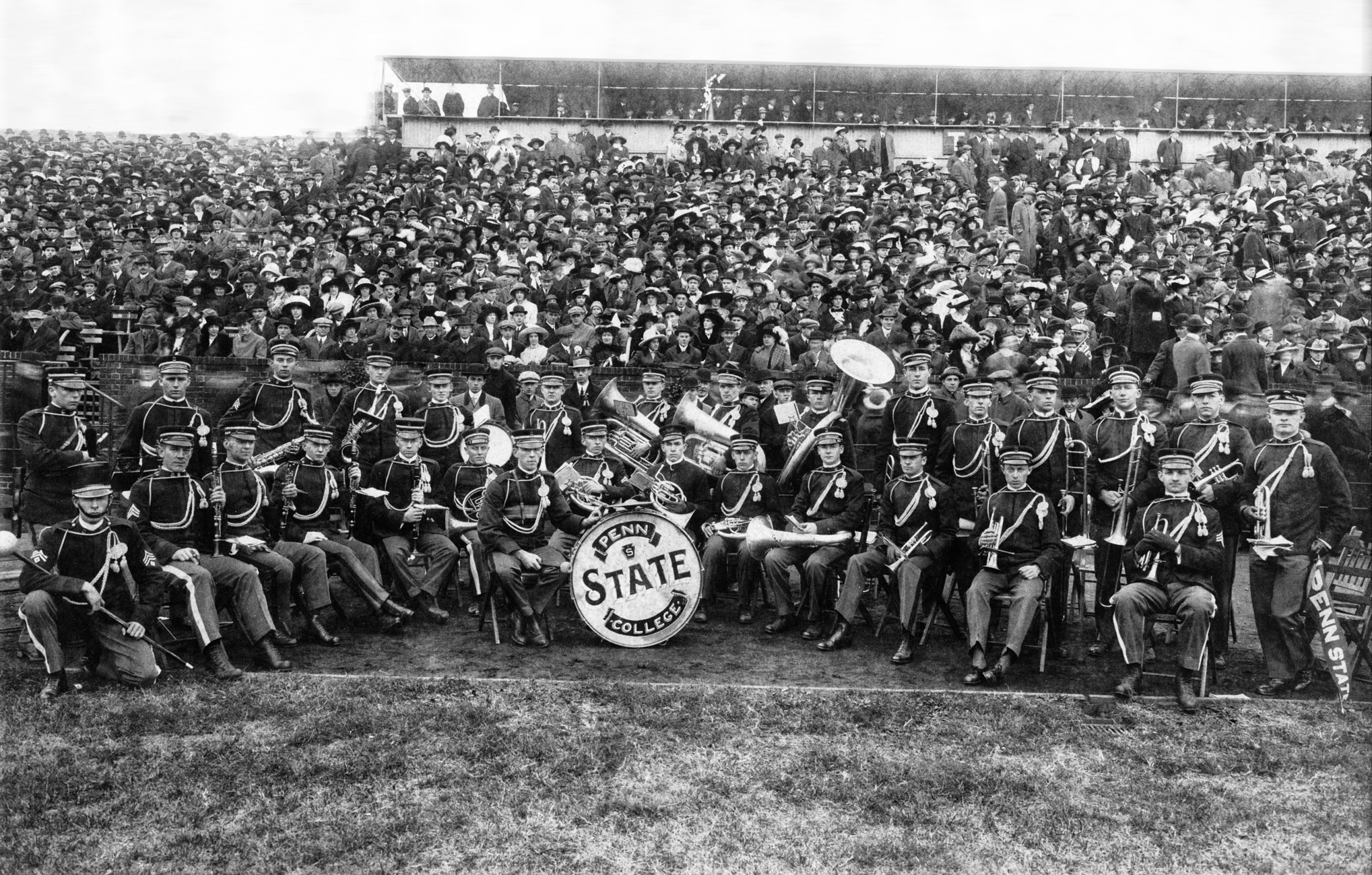 black and white photo of Blue Band at Beaver Field circa 1916, by Penn State Archives