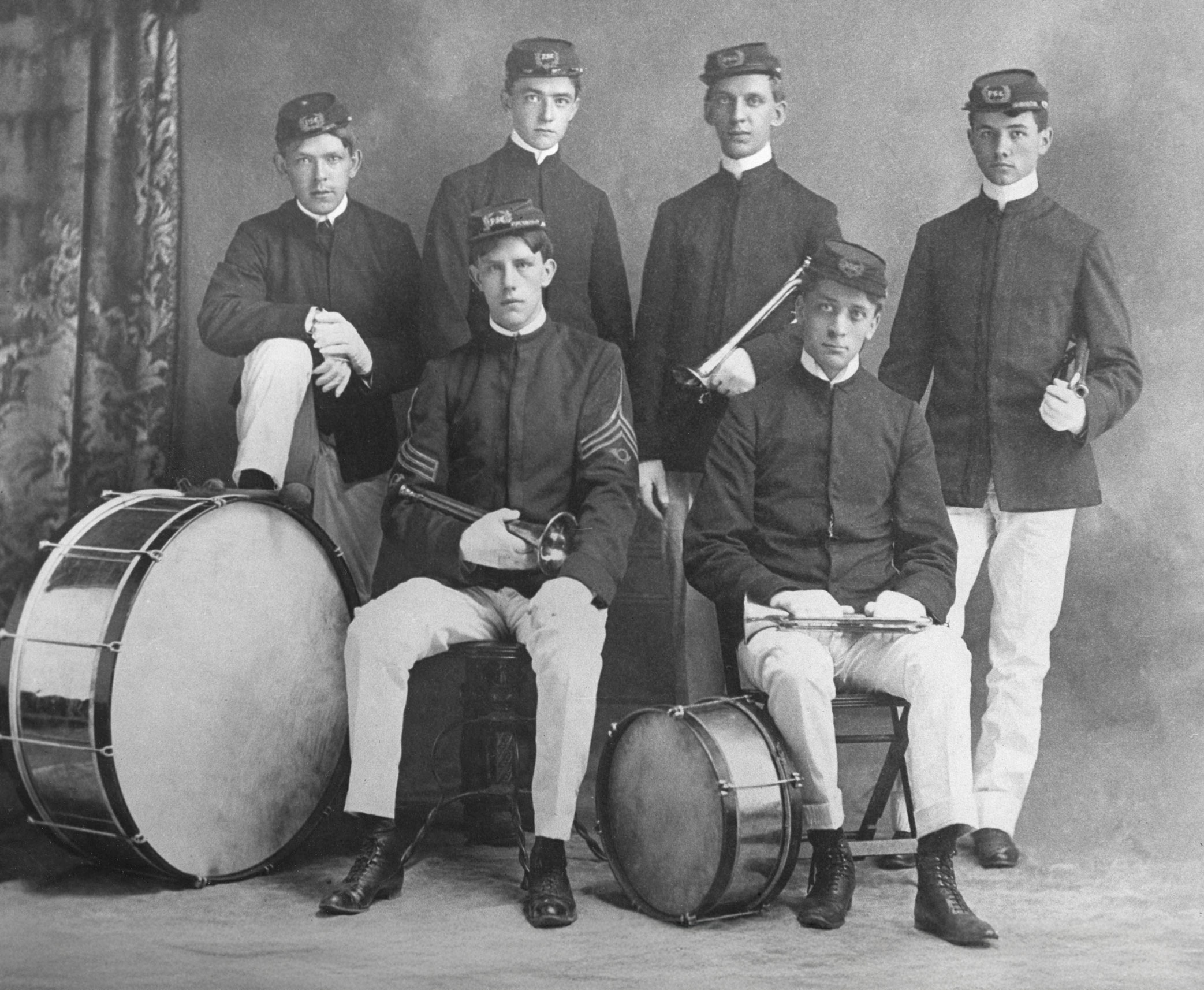 black and white photo of the Cadet Bugle Corps in 1899, by Penn State Archives