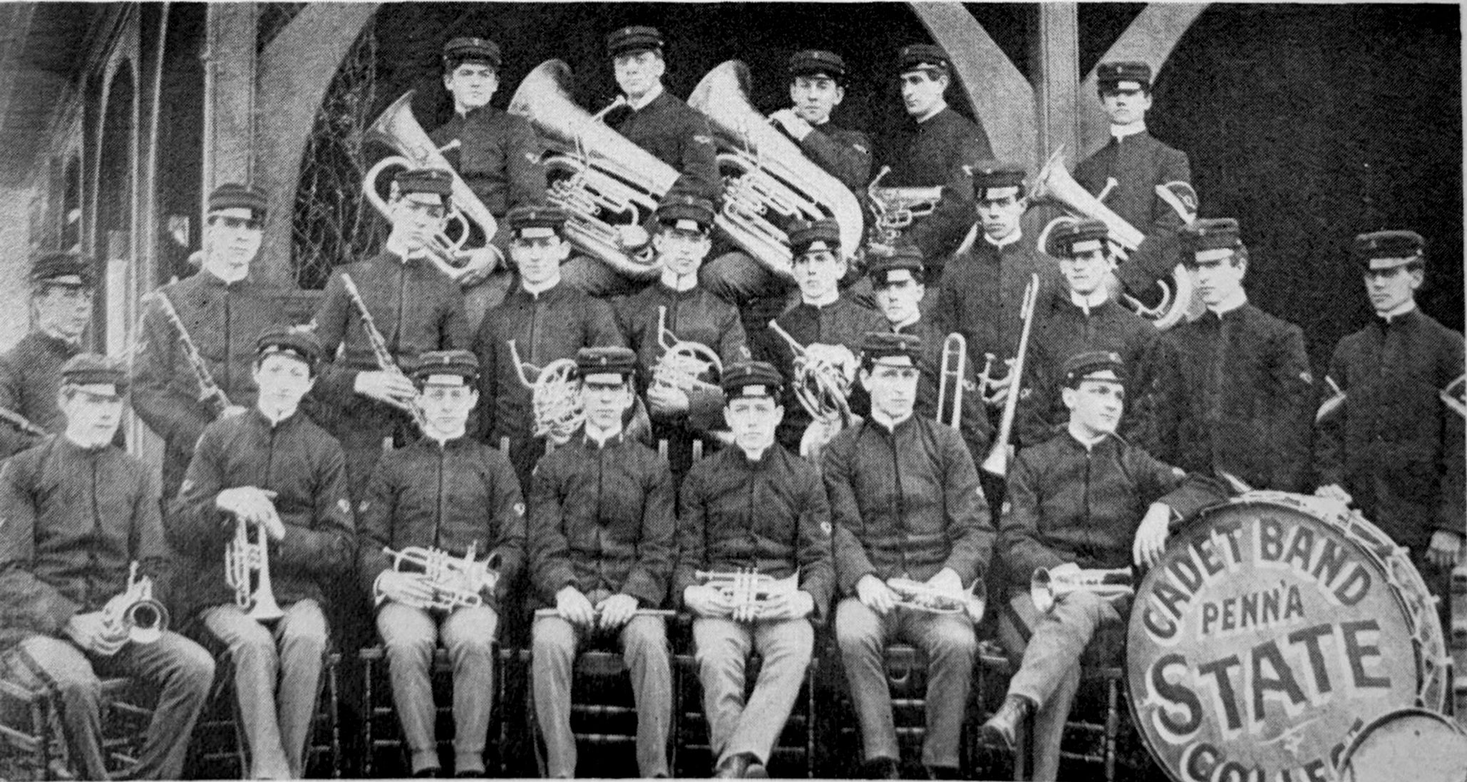 black and white photo of Cadet Bugle Corps with instruments, by Penn State Archives