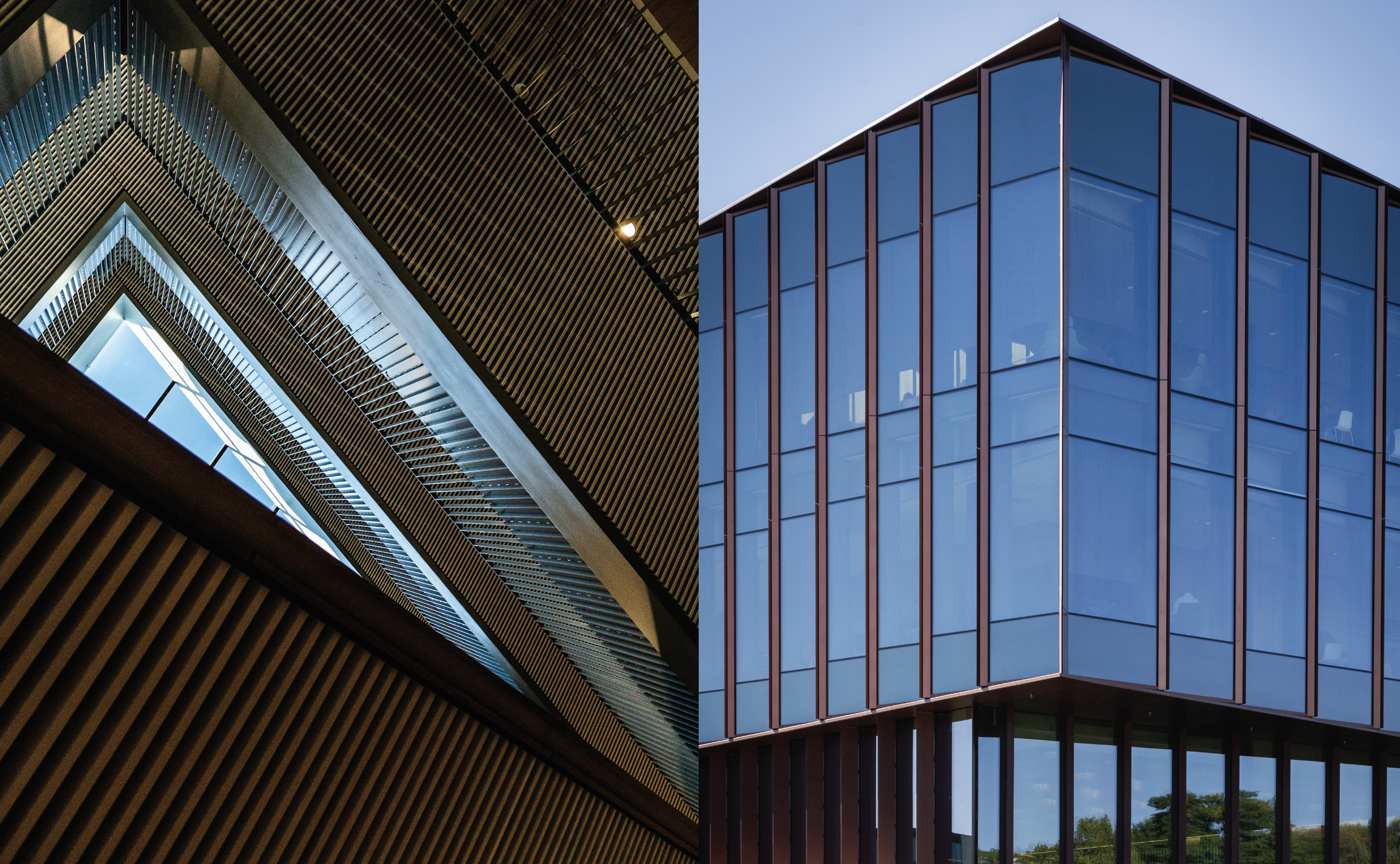 side by side photos of interior staircase and exterior ECoRE building by Nick Sloff '92 A&A