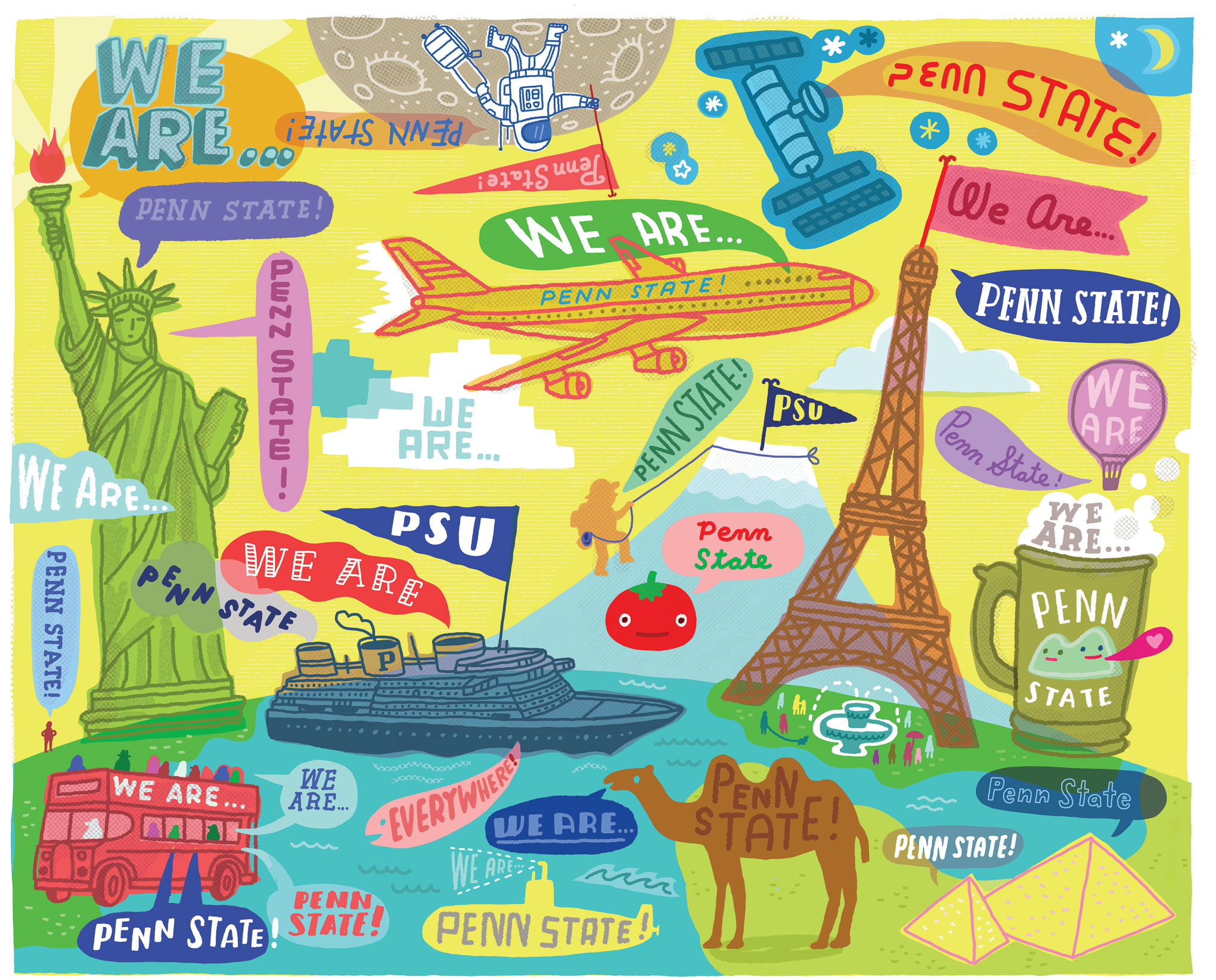 illustration of landmarks and modes of transportation with many instances of the phrase We Are Penn State, by Aaron Meshon