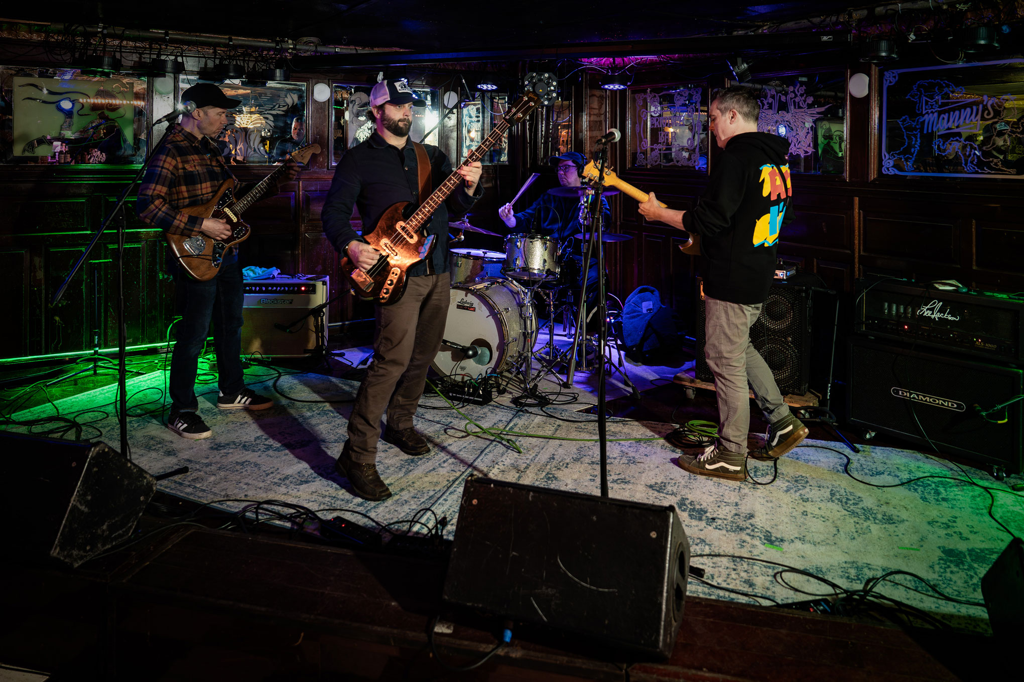 group shot of Ethel Meserve during sound check at Manny's in State College, by Cardoni