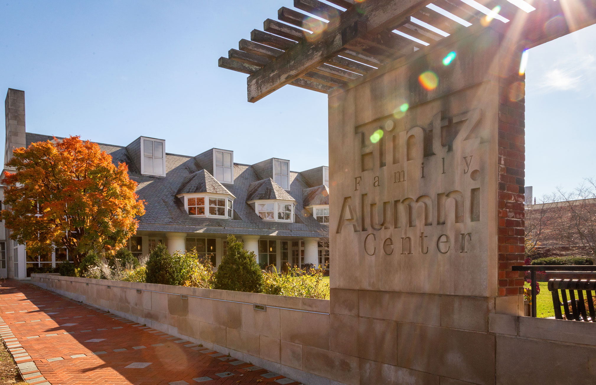 exterior photo of Hintz Family Alumni Center signage by Nick Sloff '92 A&A