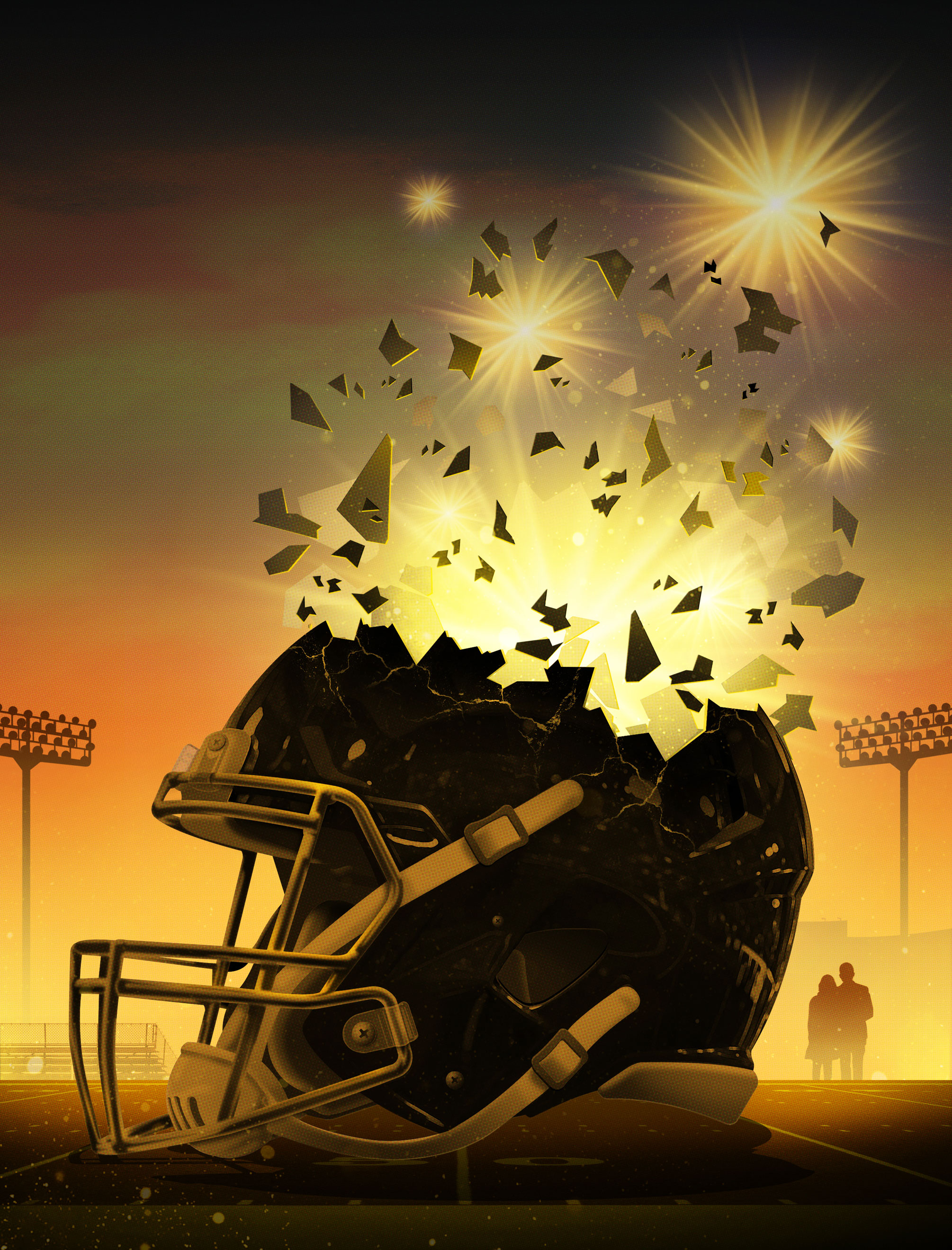 illustration of a backlit football helmet shattering by Taylor Callery
