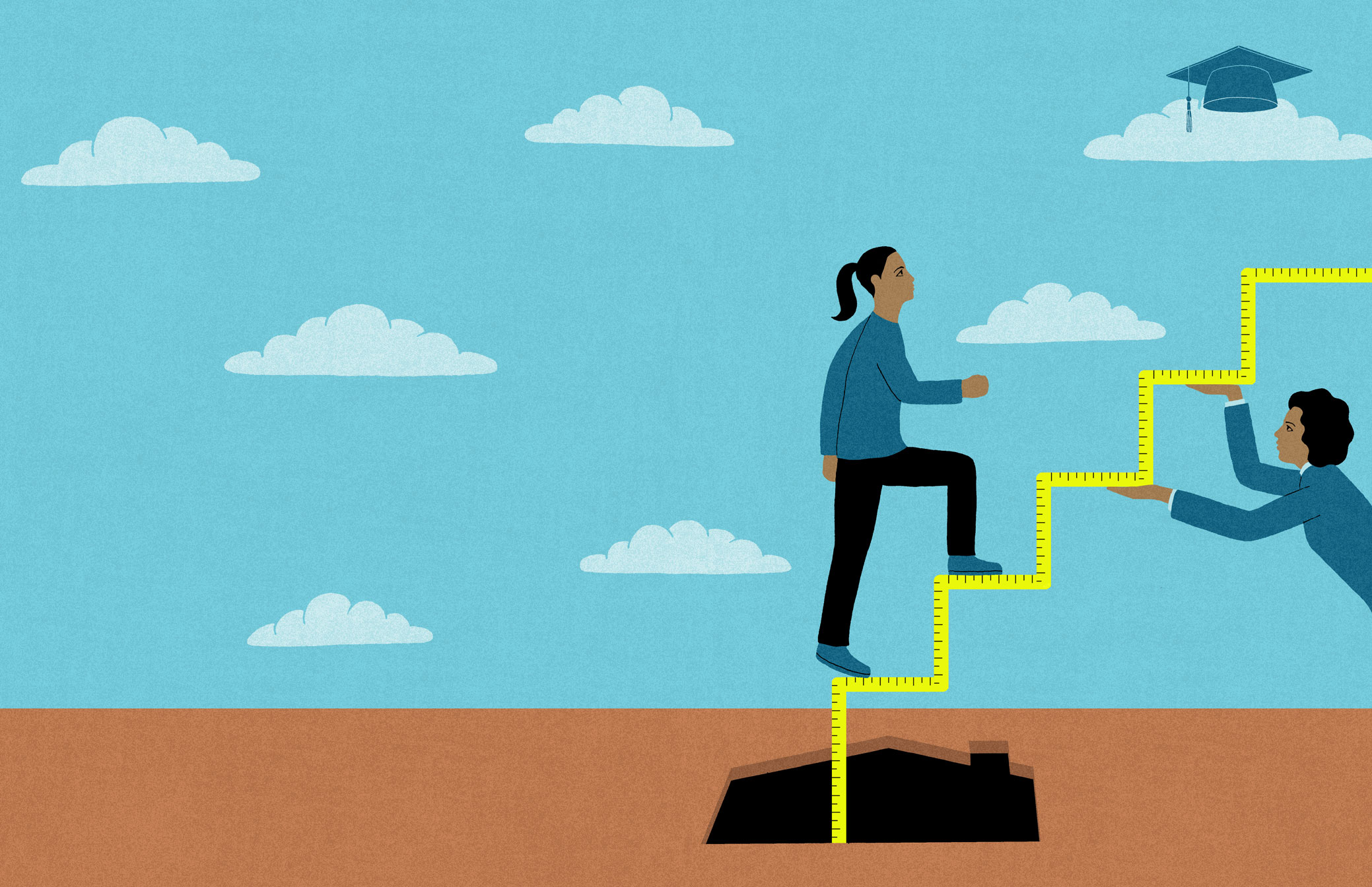 illustration of a measuring tape creating steps that an administrator is holding up while a student walks up them by James Steinberg