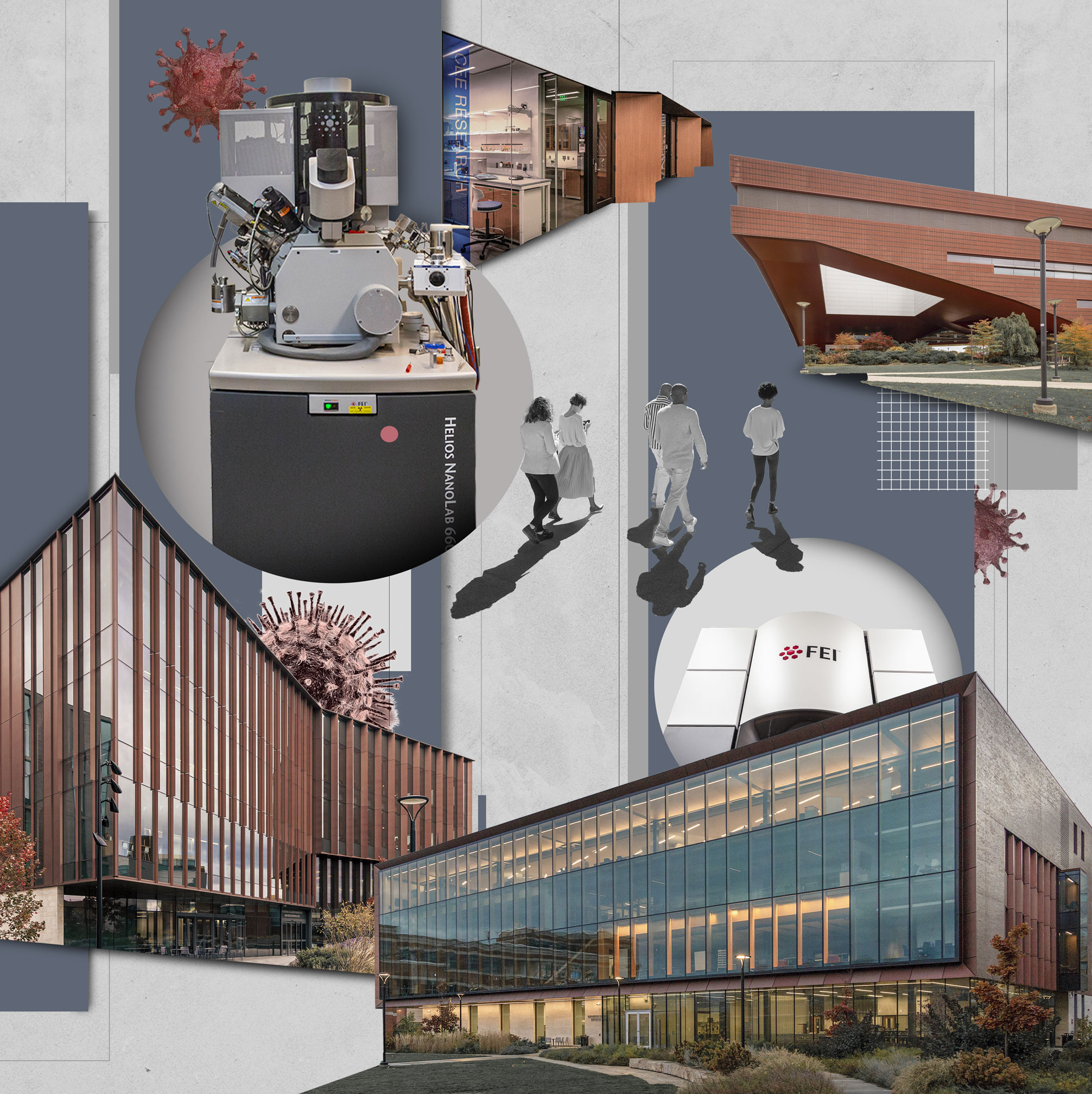 conceptual illustration of various research buildings and equipment by Nadia Radic