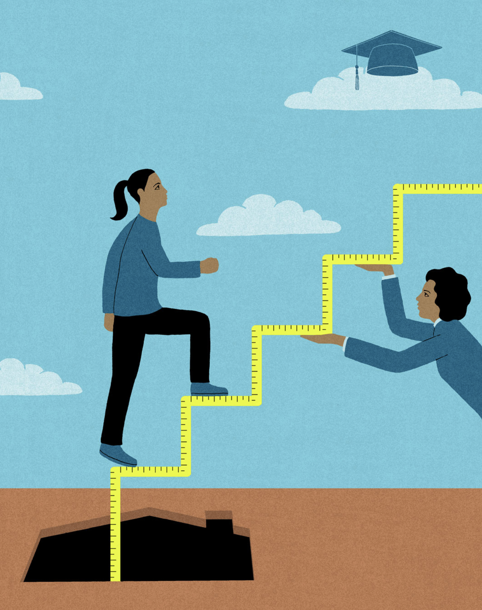 illustration of a measuring tape creating steps that an administrator is holding up while a student walks up them by James Steinberg