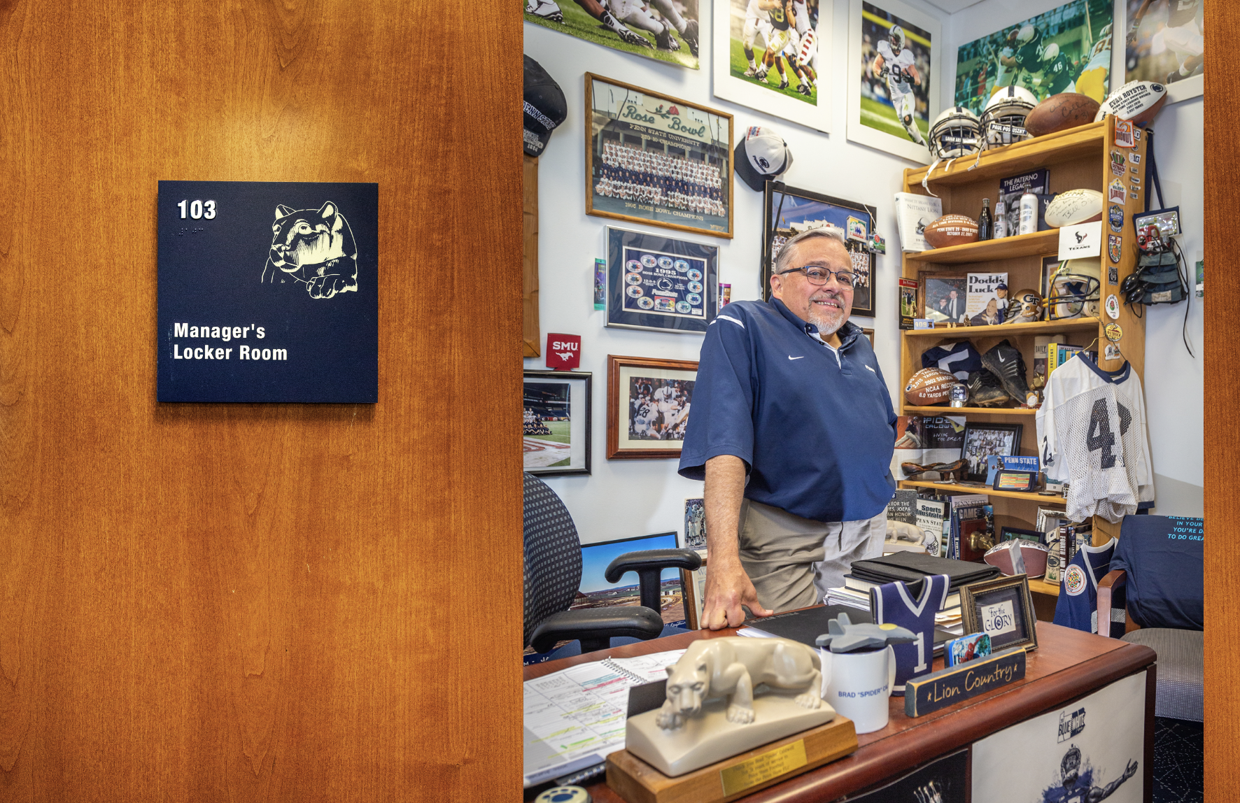 opening spread of Keeper of the Flame featuring a photo of Caldwell's office door and Caldwell standing behind desk inside with PSU football memorabilia on wall and desk by Nick Sloff '92 A&A