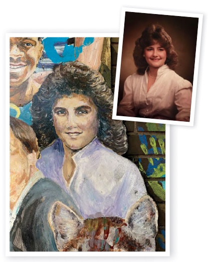 closeup of woman in Hiester Street mural with inset photo of Angela Hricisak, mother of alum, courtesy