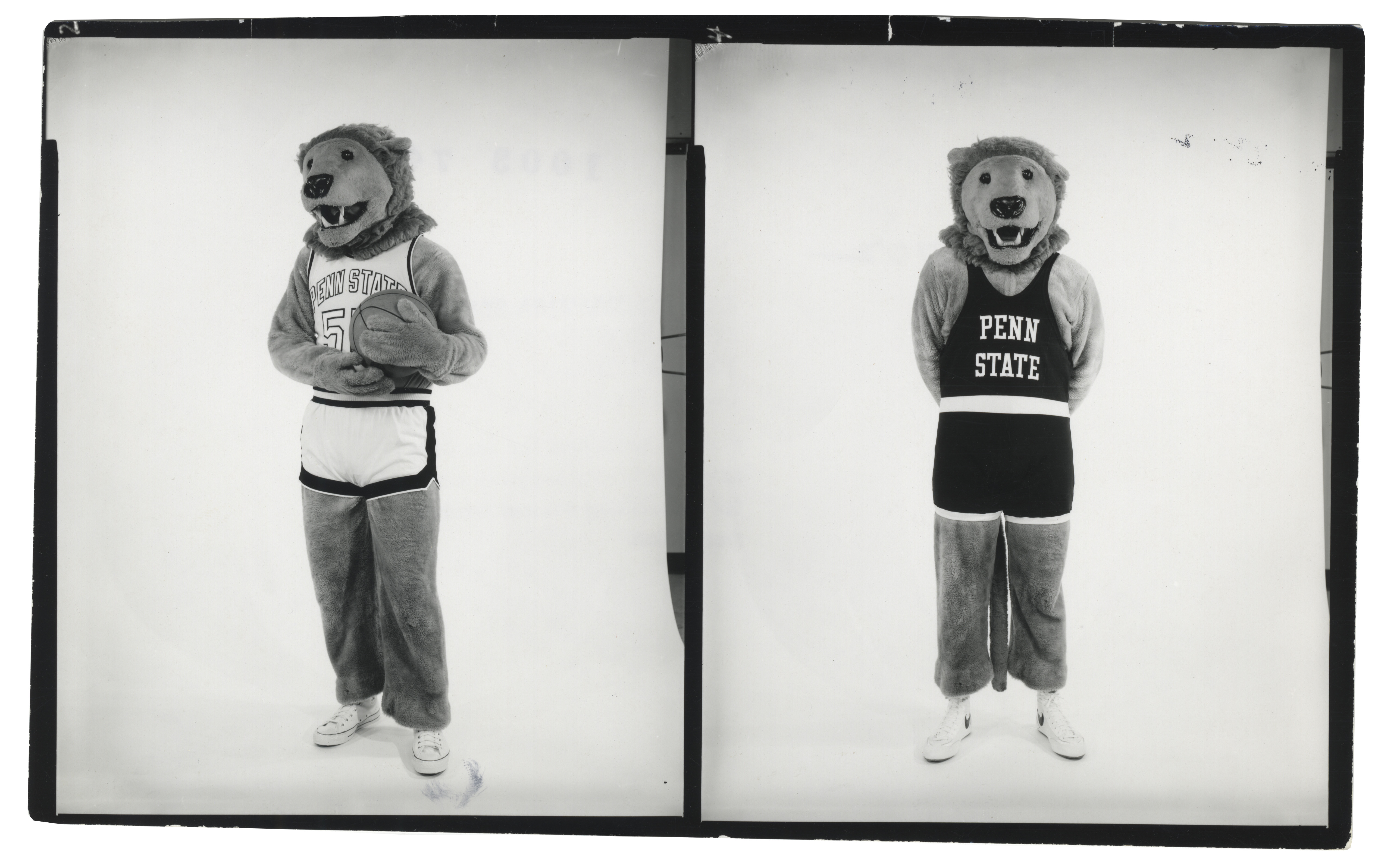 side by side black and white photos of the Nittany Lion in basketball uniform