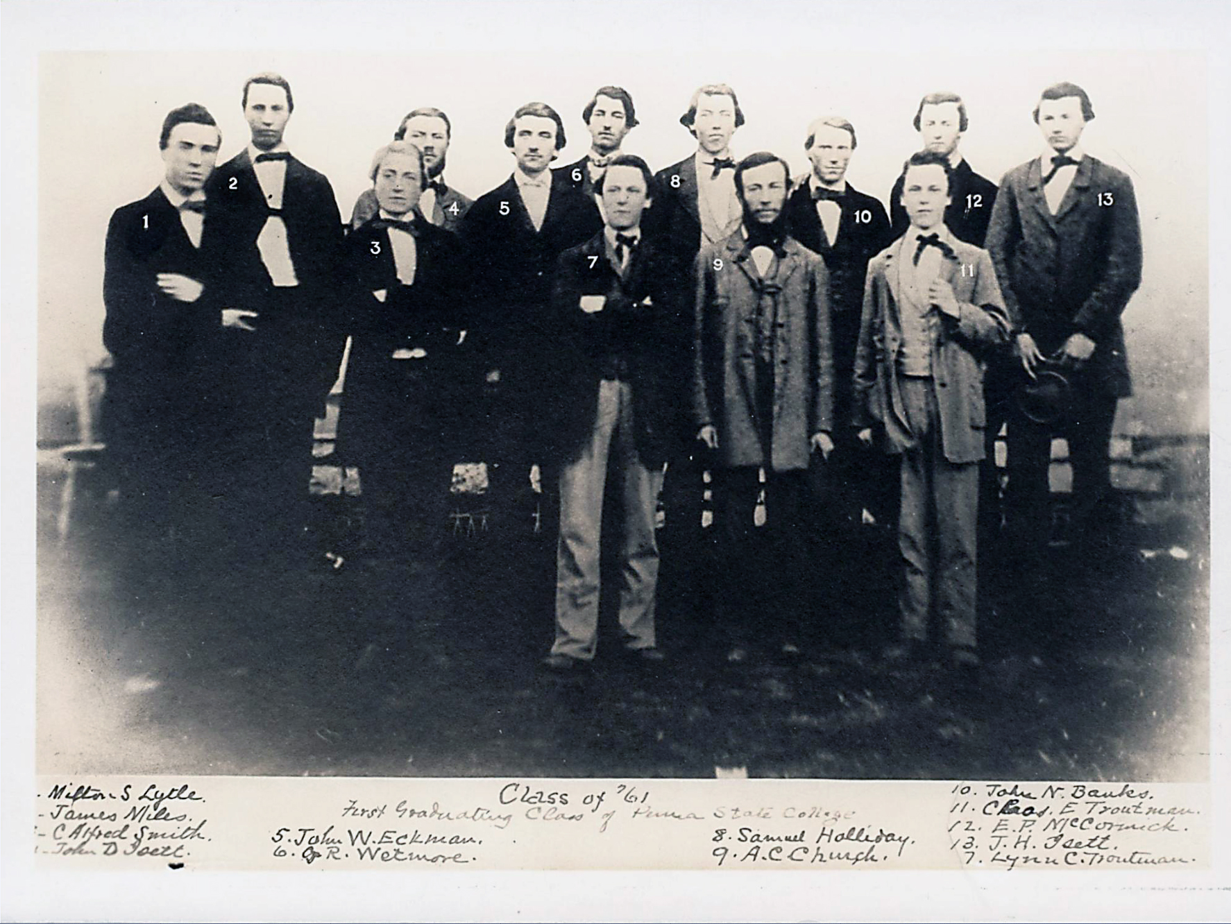 black and white photo of a group of men in suits representing the first graduating class of Penn State, Penn State Archives