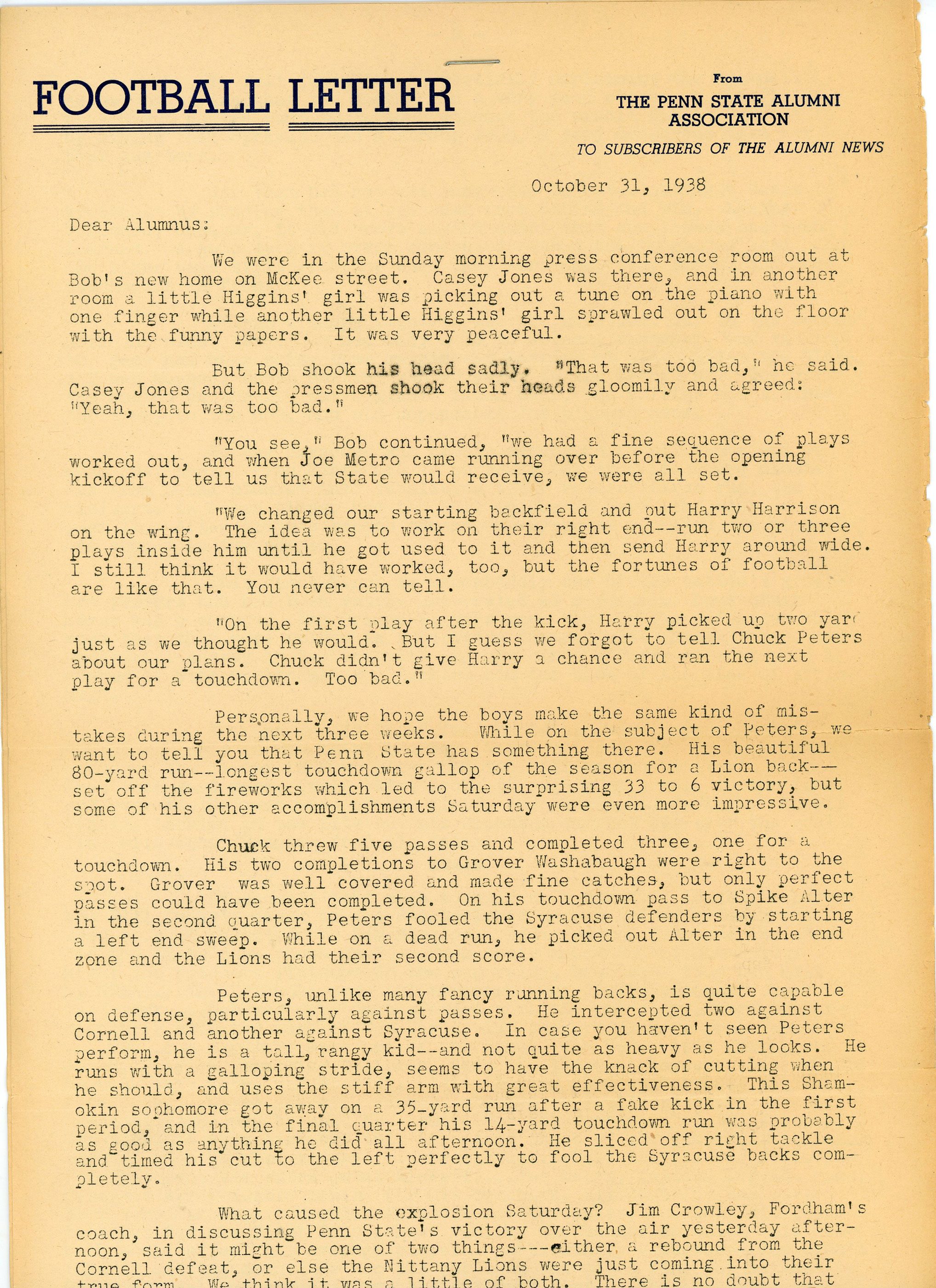the first Football Letter, a typewritten page dated Oct 31, 1938, by PSAA