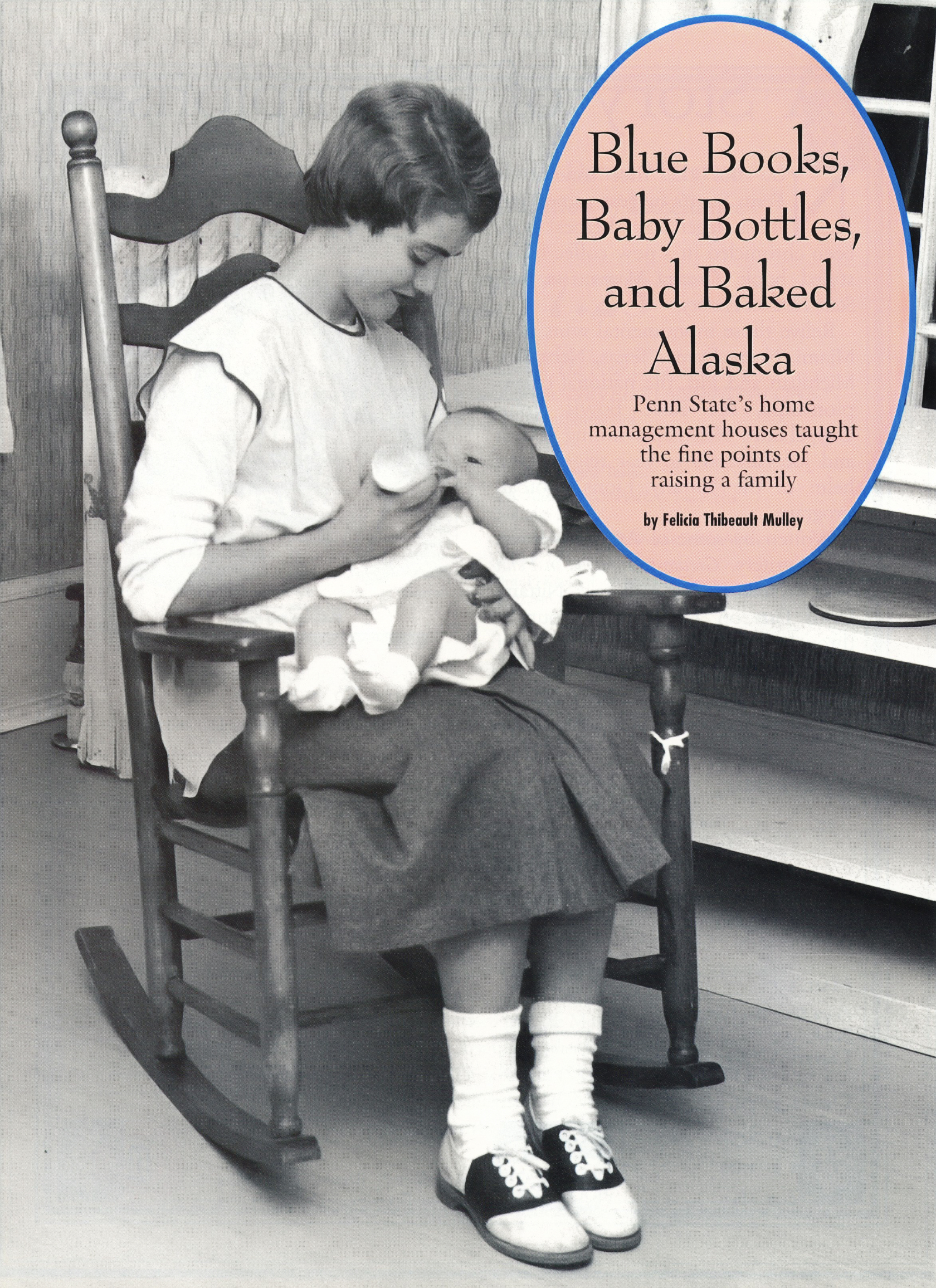 black and white photo of a woman sitting in a rocking chair feeding a bottle to a baby with article title in a pink circle, photo by Penn State University Archives